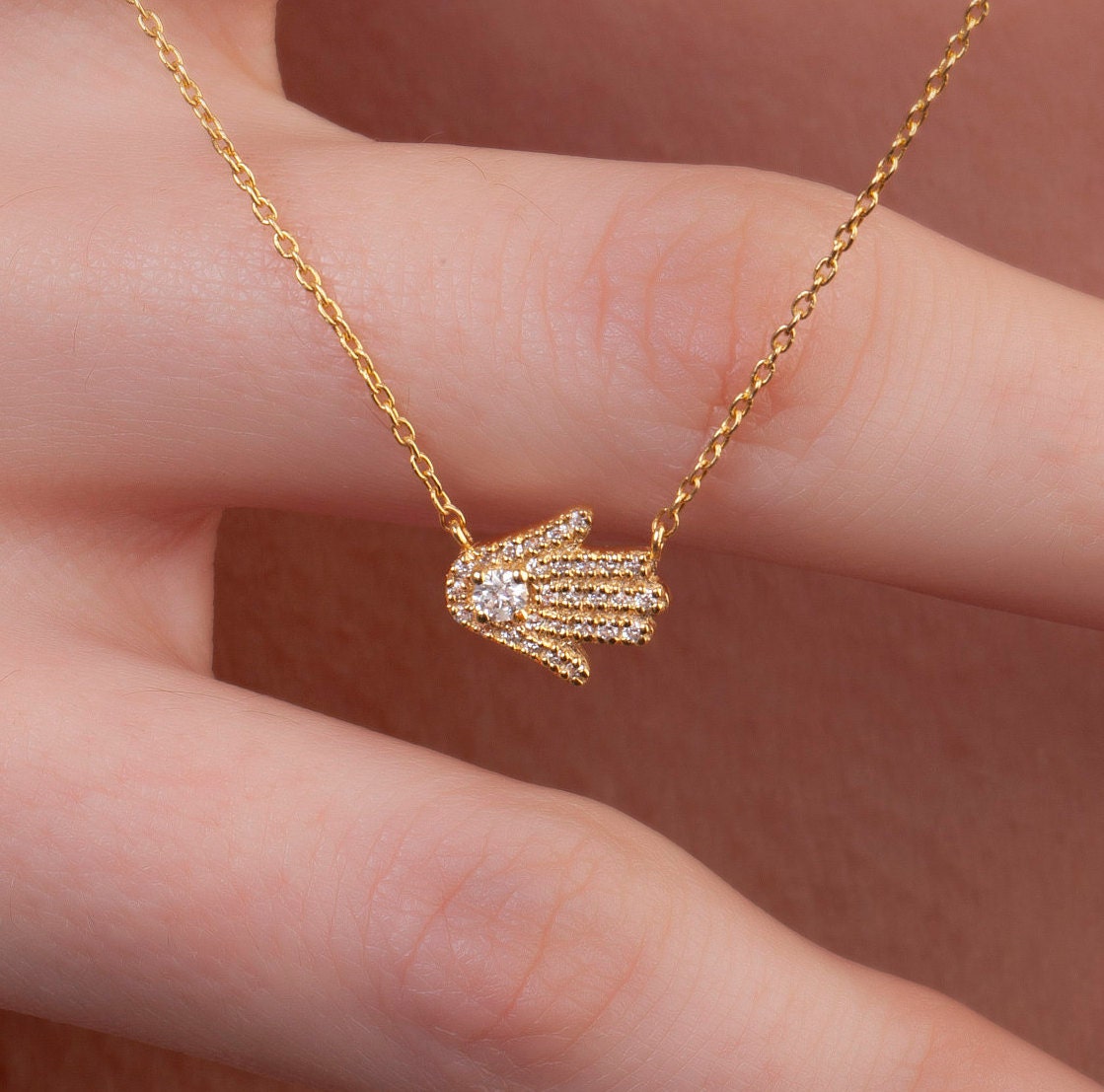Diamond Hamsa Necklace / 14k Gold and Diamond Hamsa Necklace / Sideway Hamsa Necklace / Dainty Hamsa Necklace / Holiday Gift