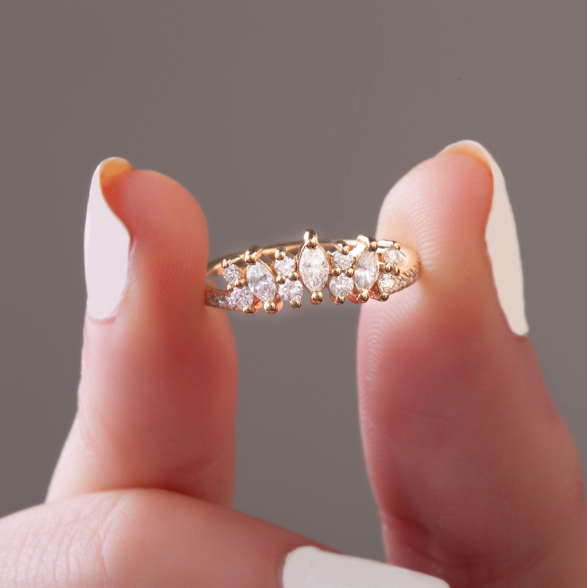 Curved Diamond Wedding Band / 14k Marquise and Round Diamond Wedding Ring / Stacking Ring / Diamond Bridal Gift Ideas