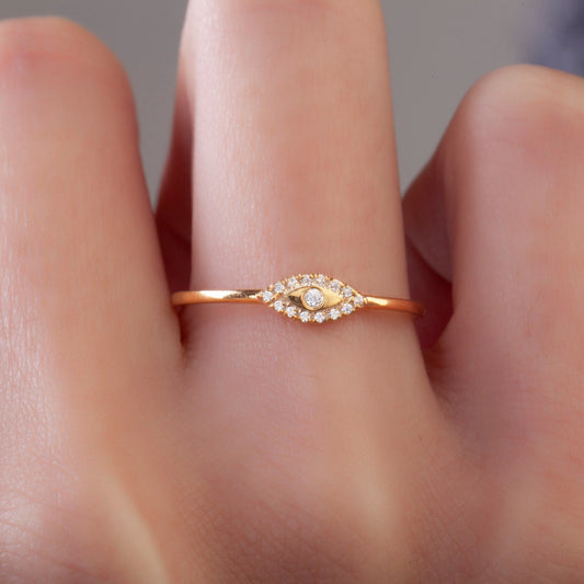 Diamond Evil Eye Stacking Ring / 14k Gold Diamond Evil Eye Stacking Ring / Diamond Protection Ring / Graduation Gift / Evil Eye Gift Ideas