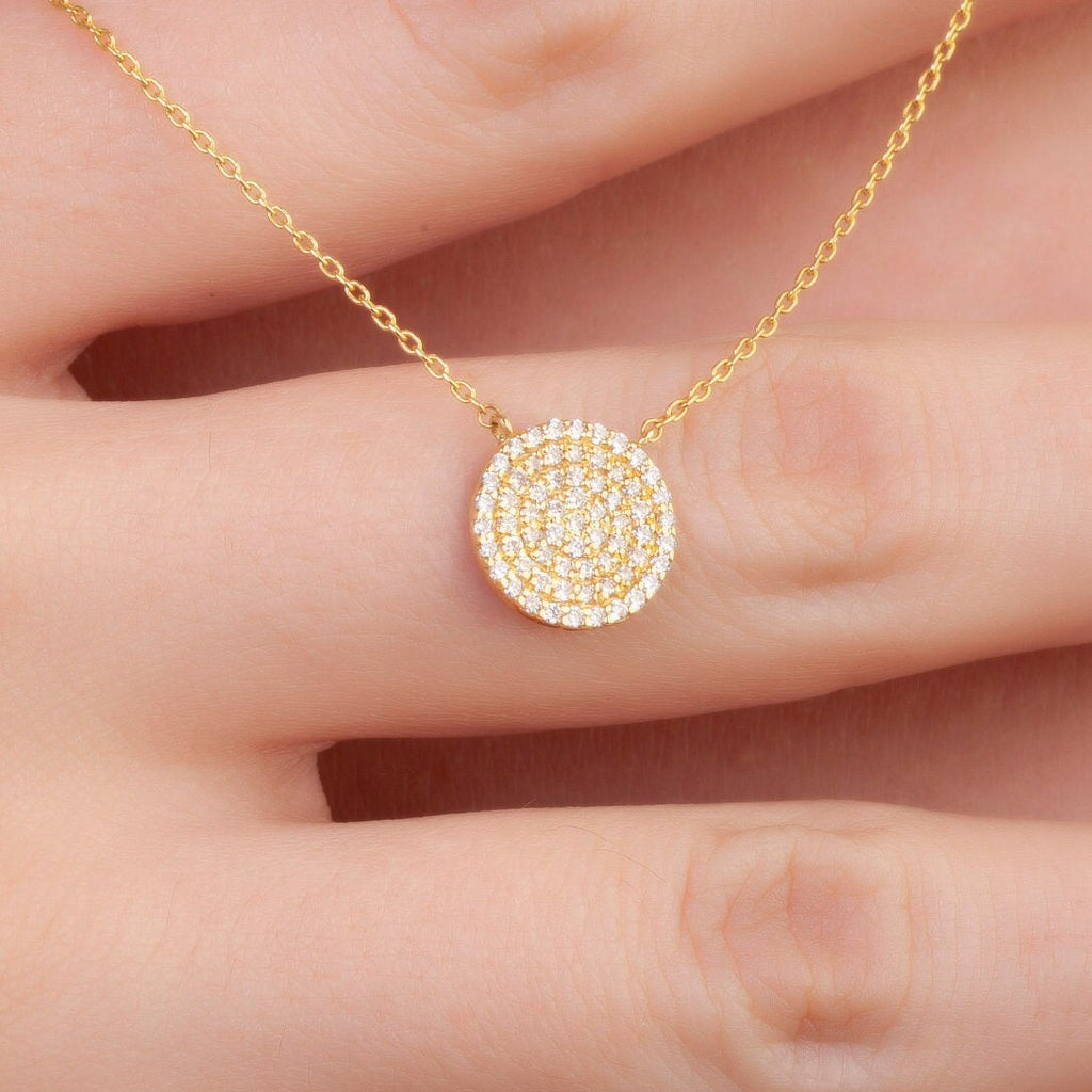 Diamond Disc Necklace / 14k Gold Pave Diamond Disc Necklace / Birthday Gift / Graduation Gift / Anniversary Gift / Bridal Gift