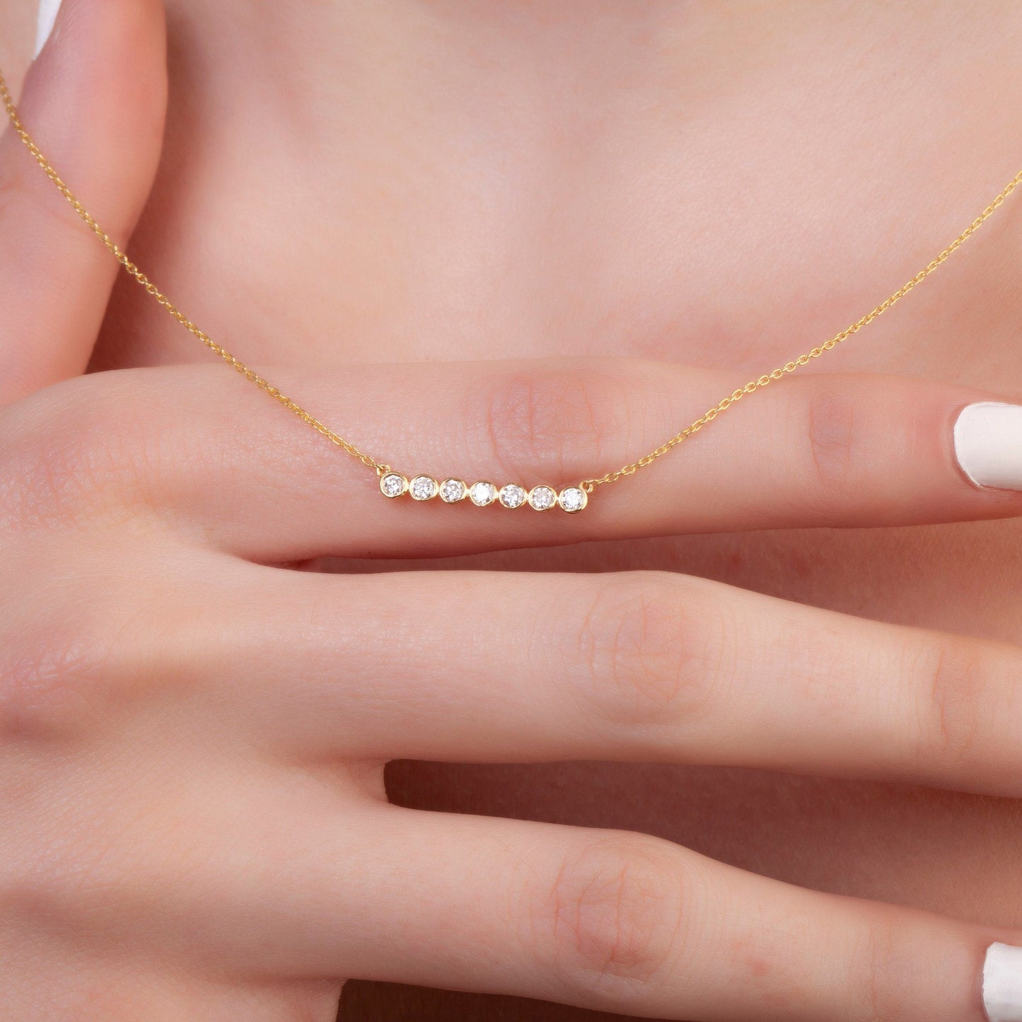 Diamond Bar Necklace / 14k Gold Horizontal Bezel Set Diamond Bar Necklace / Dainty Diamond Necklace / Holiday Gift