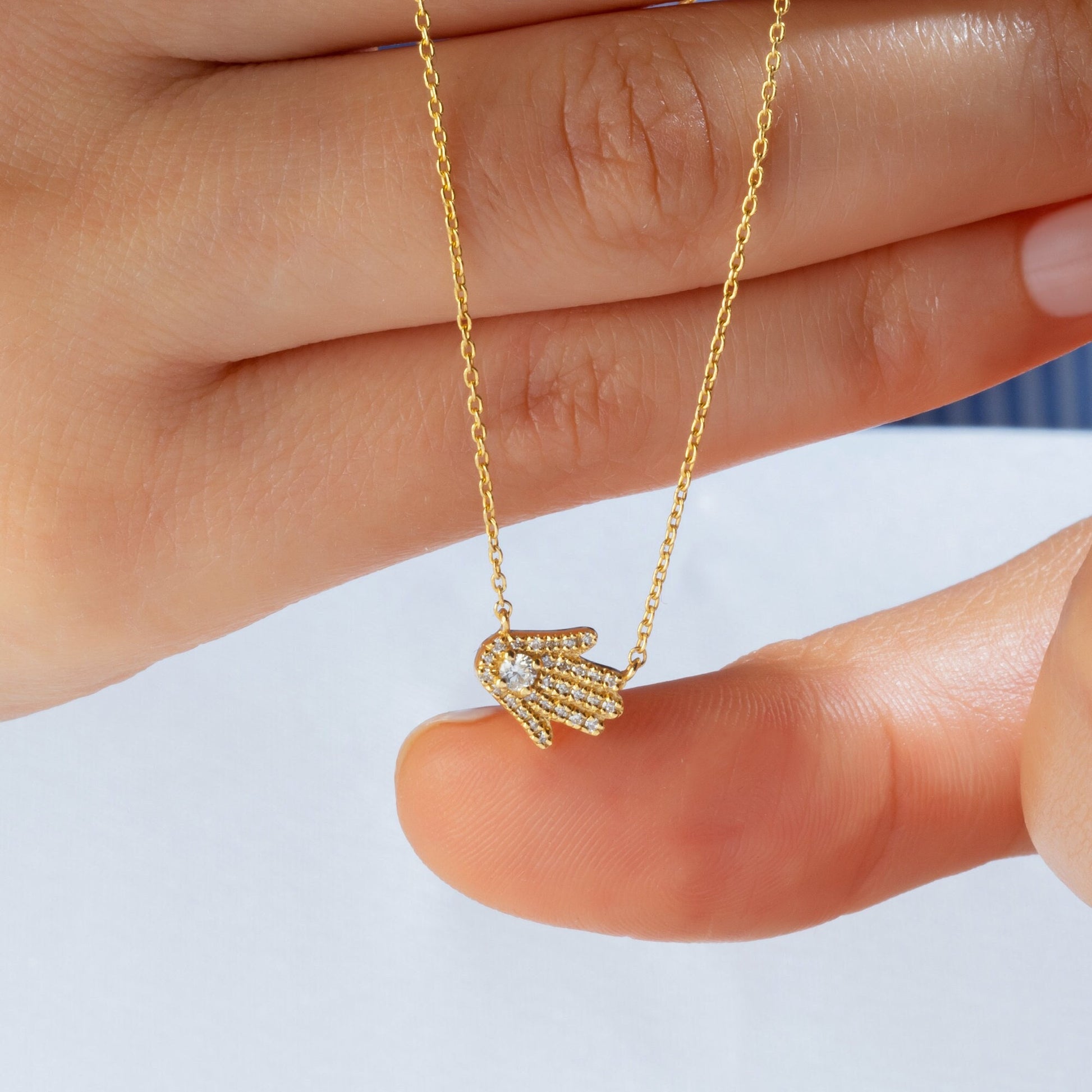 Diamond Hamsa Necklace / 14k Gold and Diamond Hamsa Necklace / Sideway Hamsa Necklace / Dainty Hamsa Necklace / Holiday Gift