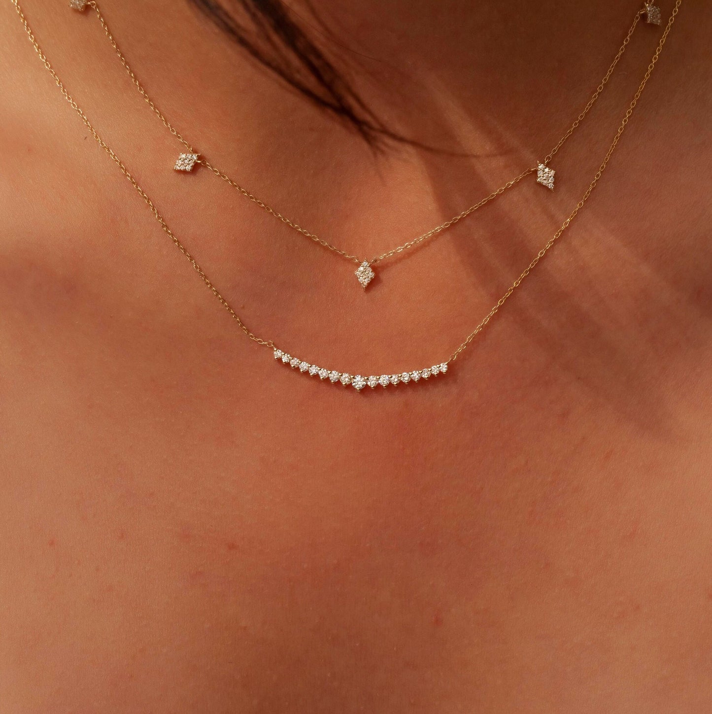 Diamond Bar Necklace / 14k Gold Diamond Curved Bar Necklace / Dainty Diamond Necklace / Diamond Birthday Gift / Diamond Gift Ideas