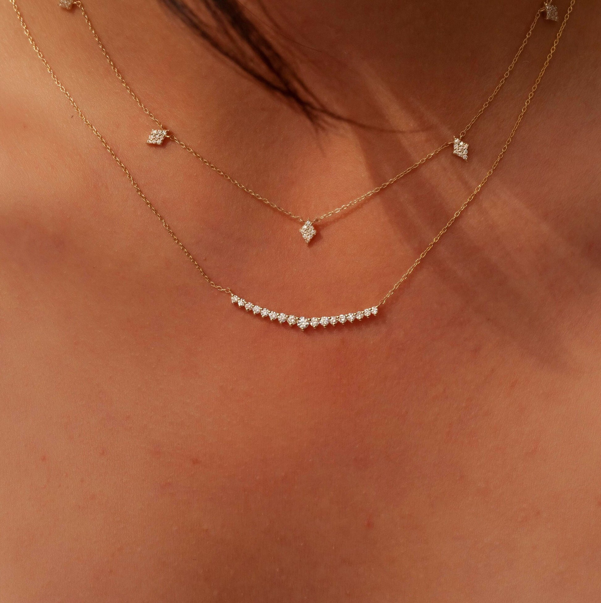 Diamond Bar Necklace / 14k Gold Diamond Curved Bar Necklace / Dainty Diamond Necklace / Diamond Birthday Gift / Diamond Gift Ideas