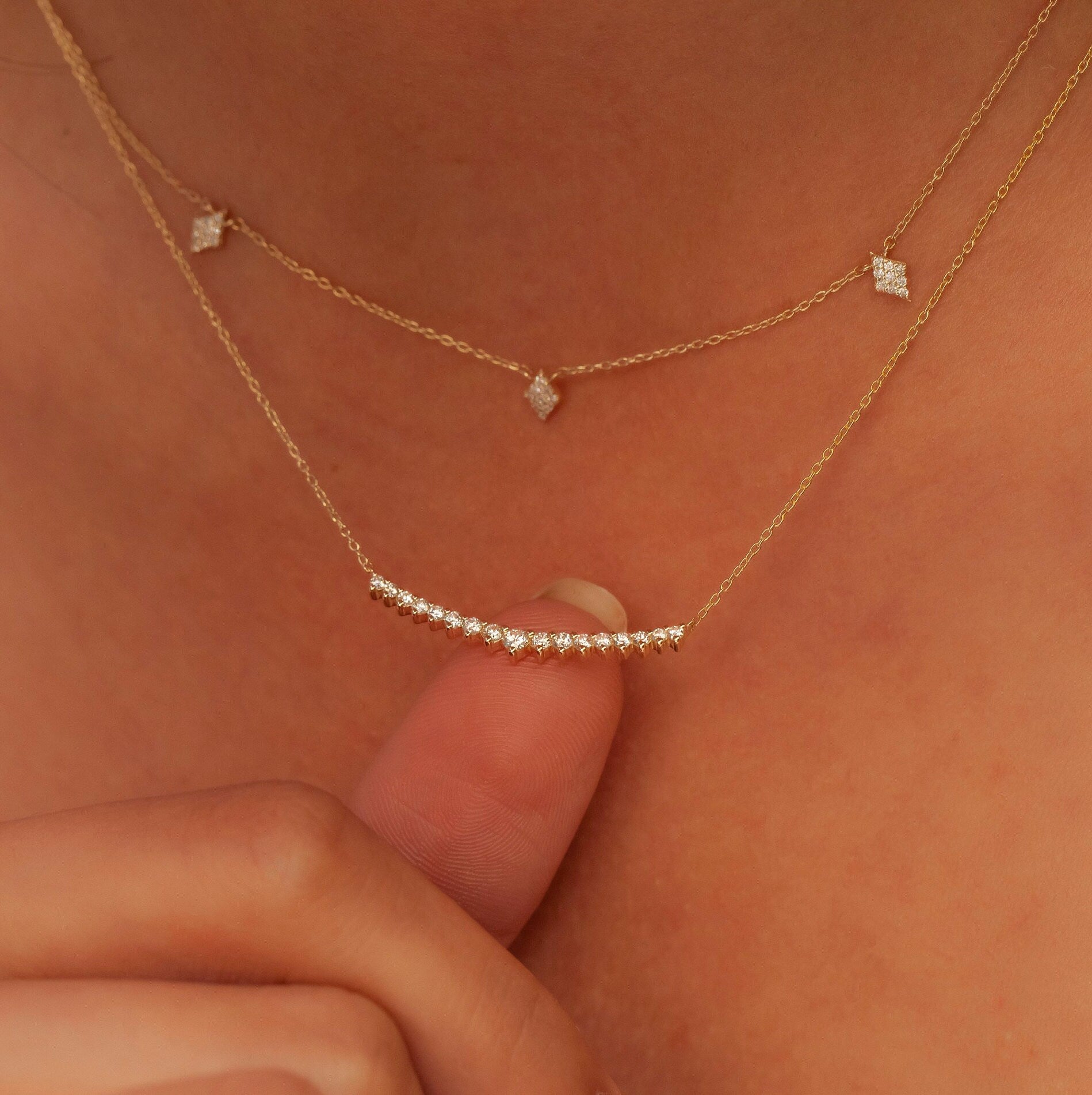 Diamond Bar Necklace / 14k Gold Diamond Curved Bar Necklace / Dainty Diamond Necklace / Diamond Birthday Gift / Diamond Gift Ideas