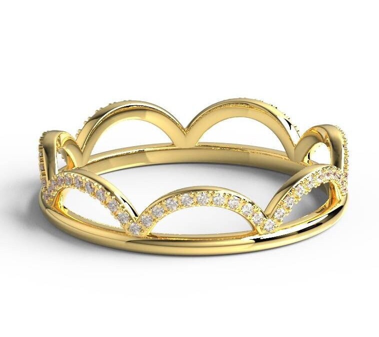 Diamond Wedding Band / 14k Gold Crown Stacking Ring / Curved Diamond Ring / Diamond Anniversary Gift Idea