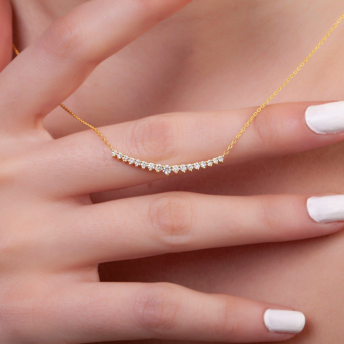 Diamond Bar Necklace / 14k Gold Diamond Curved Bar Necklace / Dainty Diamond Necklace / Diamond Birthday Gift / Diamond Gift Ideas