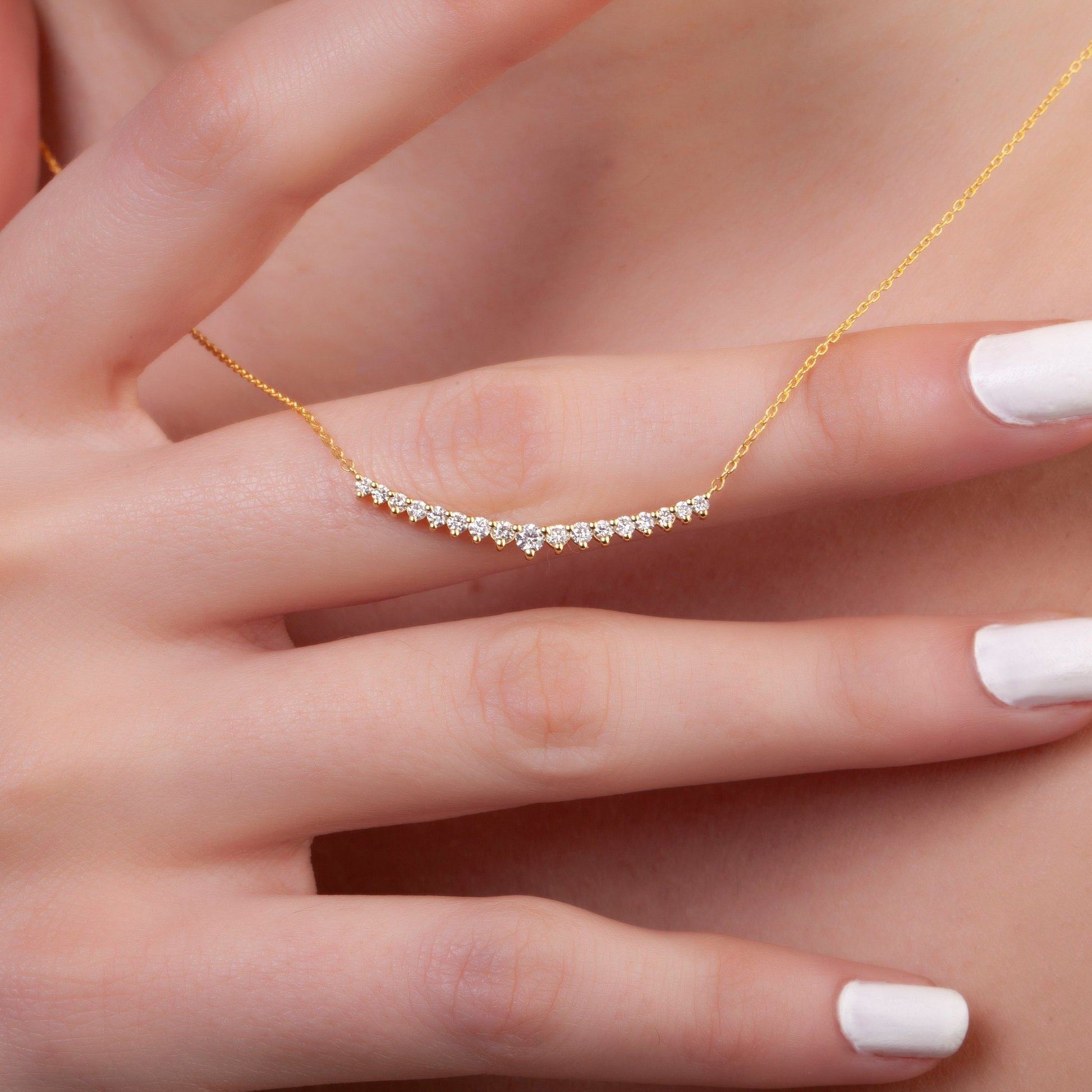 Diamond Bar Necklace / 14k Gold Diamond Curved Bar Necklace / Dainty Diamond Necklace / Diamond Birthday Gift / Diamond Gift Ideas