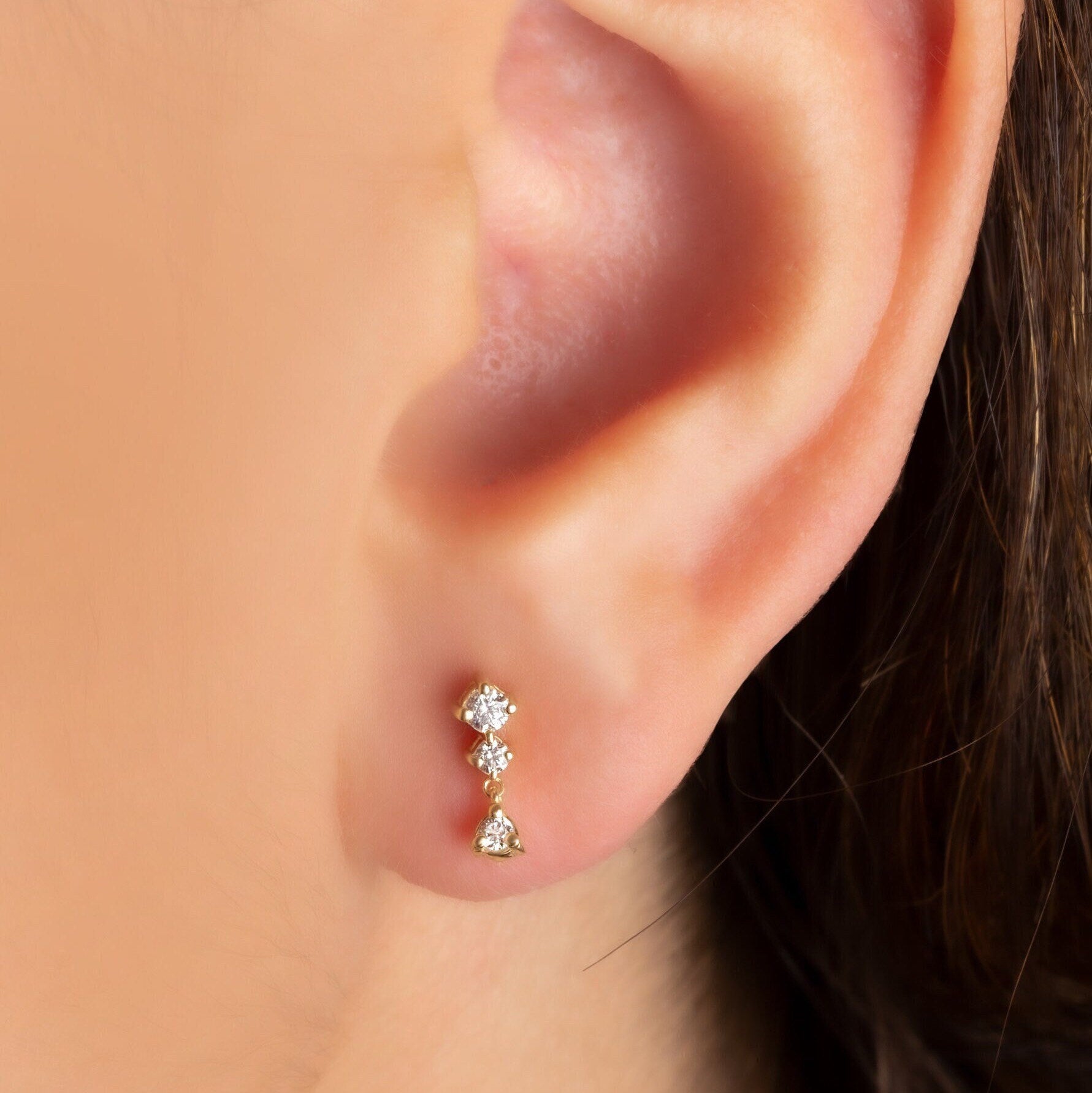 Diamond Dangling Earrings / 14k Gold and Diamond Dangling Earrings / Dainty Diamond Earrings / Birthday Gift / Diamond Gift Ideas