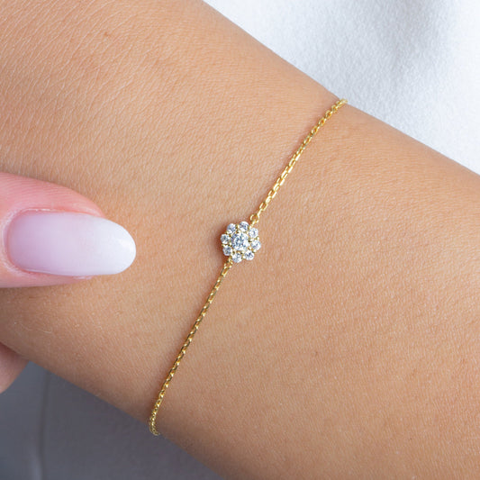 Diamond Halo Bracelet / 14k Gold Pave Diamond Flower Bracelet / Dainty Diamond Bracelet / Anniversary Gift / Diamond Gift Idea