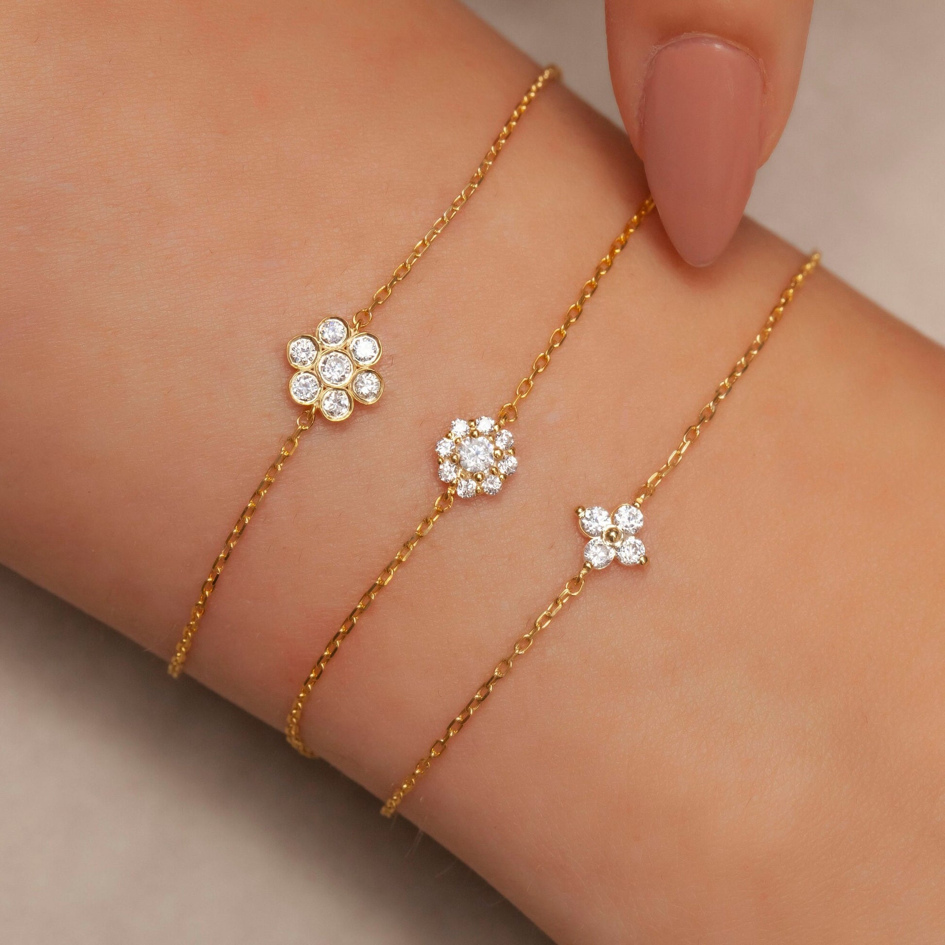 Diamond Halo Bracelet / 14k Gold Pave Diamond Flower Bracelet / Dainty Diamond Bracelet / Anniversary Gift / Diamond Gift Idea