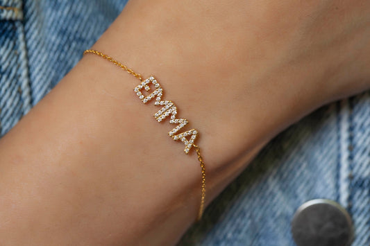 Diamond Name Bracelet / 14k Personalized Diamond Name Bracelet / Personalized Diamond Letter Bracelet / Birthday Gift / Diamond Gift Ideas