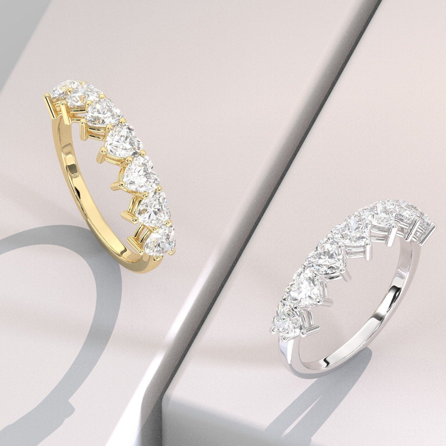 Heart Shape Diamond Wedding Band / 1.5 Gold Heart Diamond Wedding Ring / 7 Diamond Wedding Band / Anniversary Ring