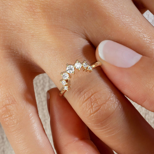 Curved Diamond Wedding Band / 14k Gold Round Diamond Stacking Ring / Engagement Rings / Gift for Her / Nesting Ring / Matching ring set