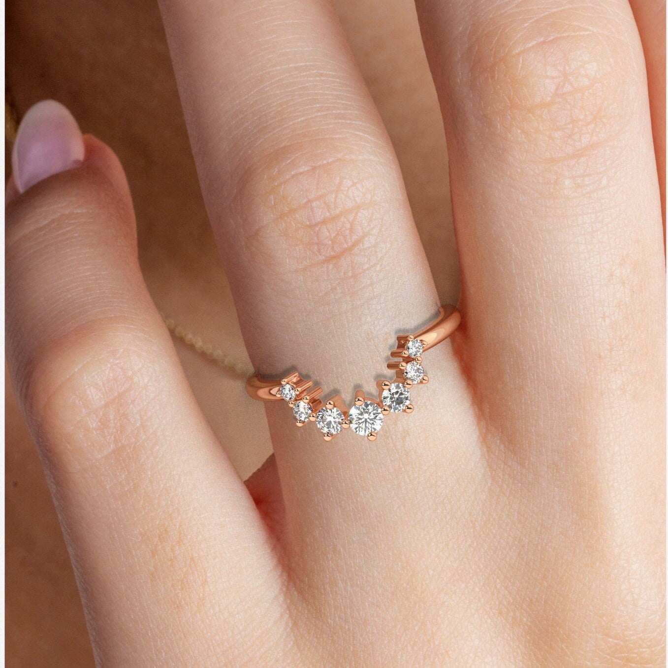 Curved Diamond Wedding Band / 14k Gold Round Diamond Stacking Ring / Engagement Rings / Gift for Her / Nesting Ring / Matching ring set