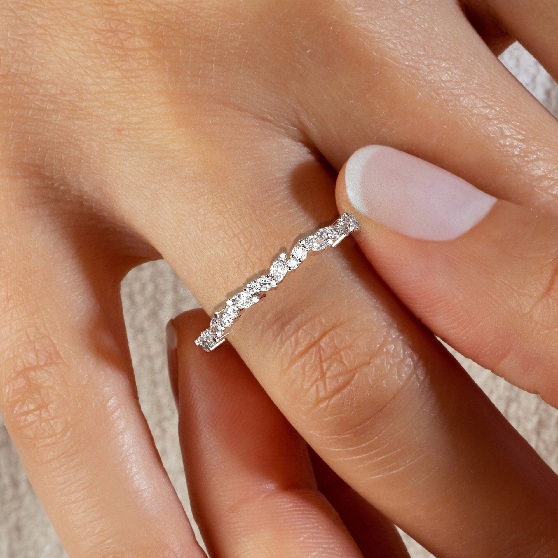 Diamond Wedding Band / 14k Marquise and Round Diamond Wedding Ring / Wedding Band / Stacking Ring / Diamond Bridal Gift Ideas