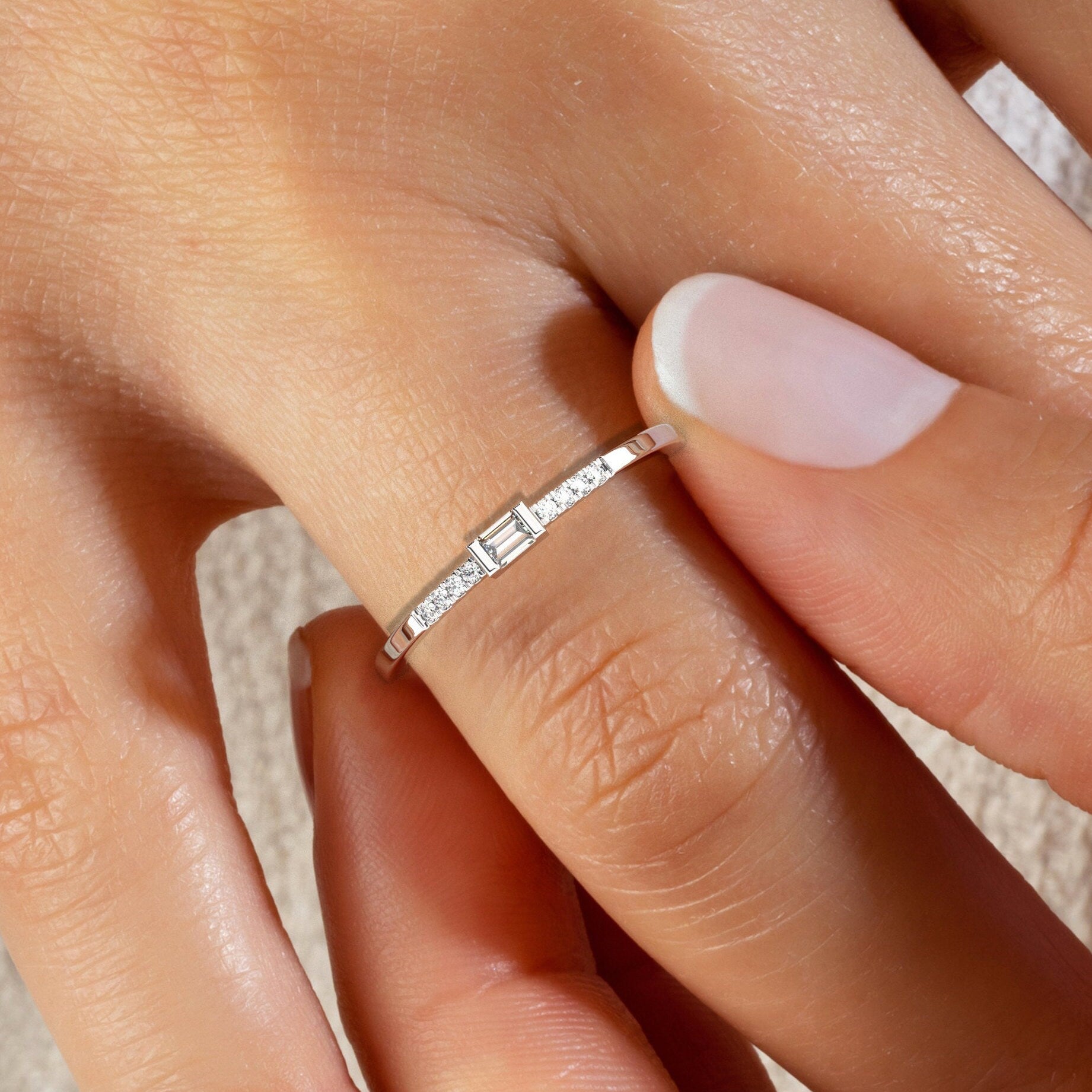 Baguette Diamond Stacking Ring / 14k Gold Baguette and Round Diamond Ring / Diamond Bridal Gift / Anniversary Gift / Diamond Gift Ideas