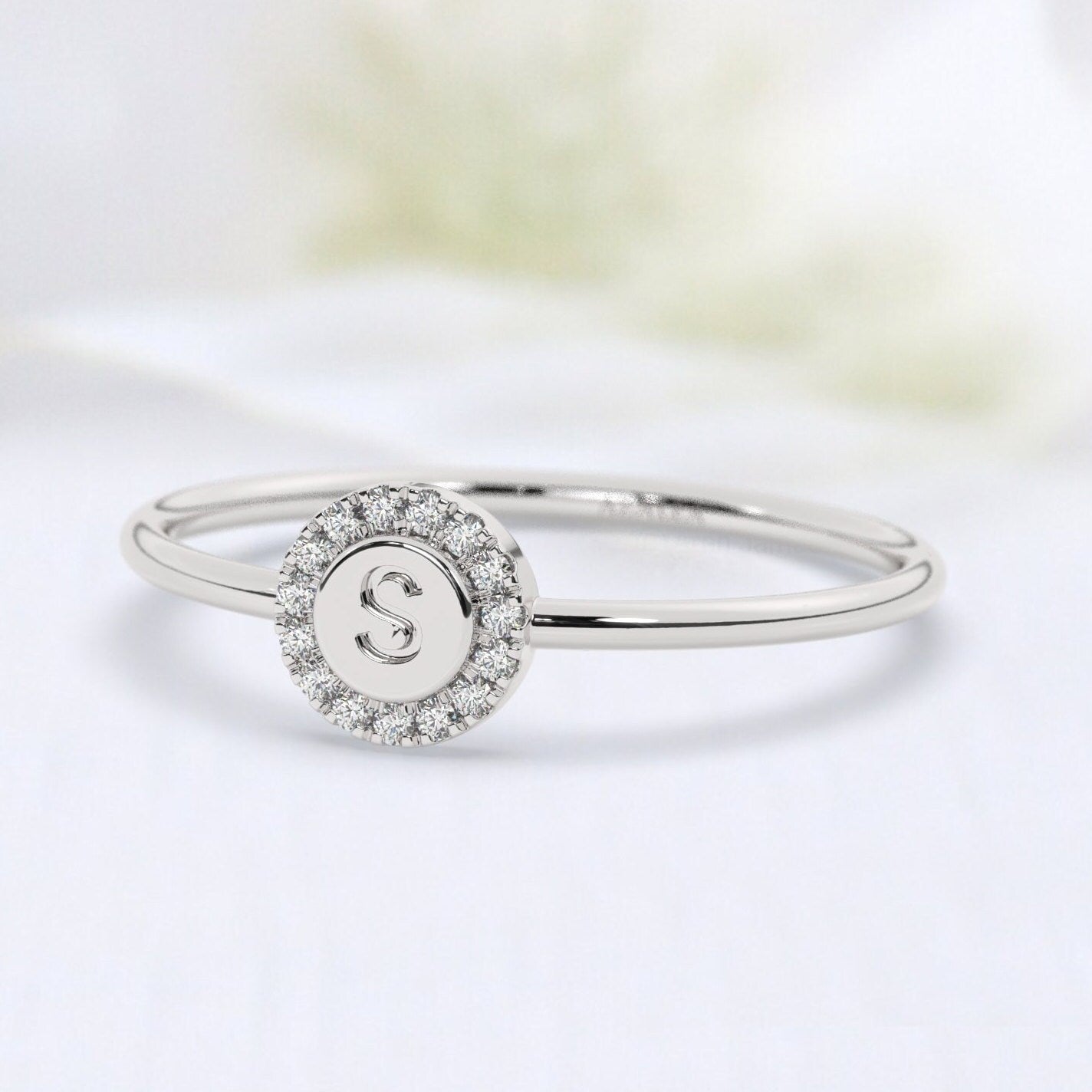 Diamond Initial Ring / 14k Gold Pave Diamond Disc Initial Ring / Diamond Stacking Ring / Initial Ring / Graduation Gift / Birthday Gift