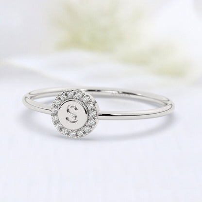 Diamond Initial Ring / 14k Gold Pave Diamond Disc Initial Ring / Diamond Stacking Ring / Initial Ring / Graduation Gift / Birthday Gift
