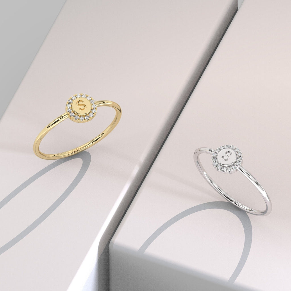 Diamond Initial Ring / 14k Gold Pave Diamond Disc Initial Ring / Diamond Stacking Ring / Initial Ring / Graduation Gift / Birthday Gift