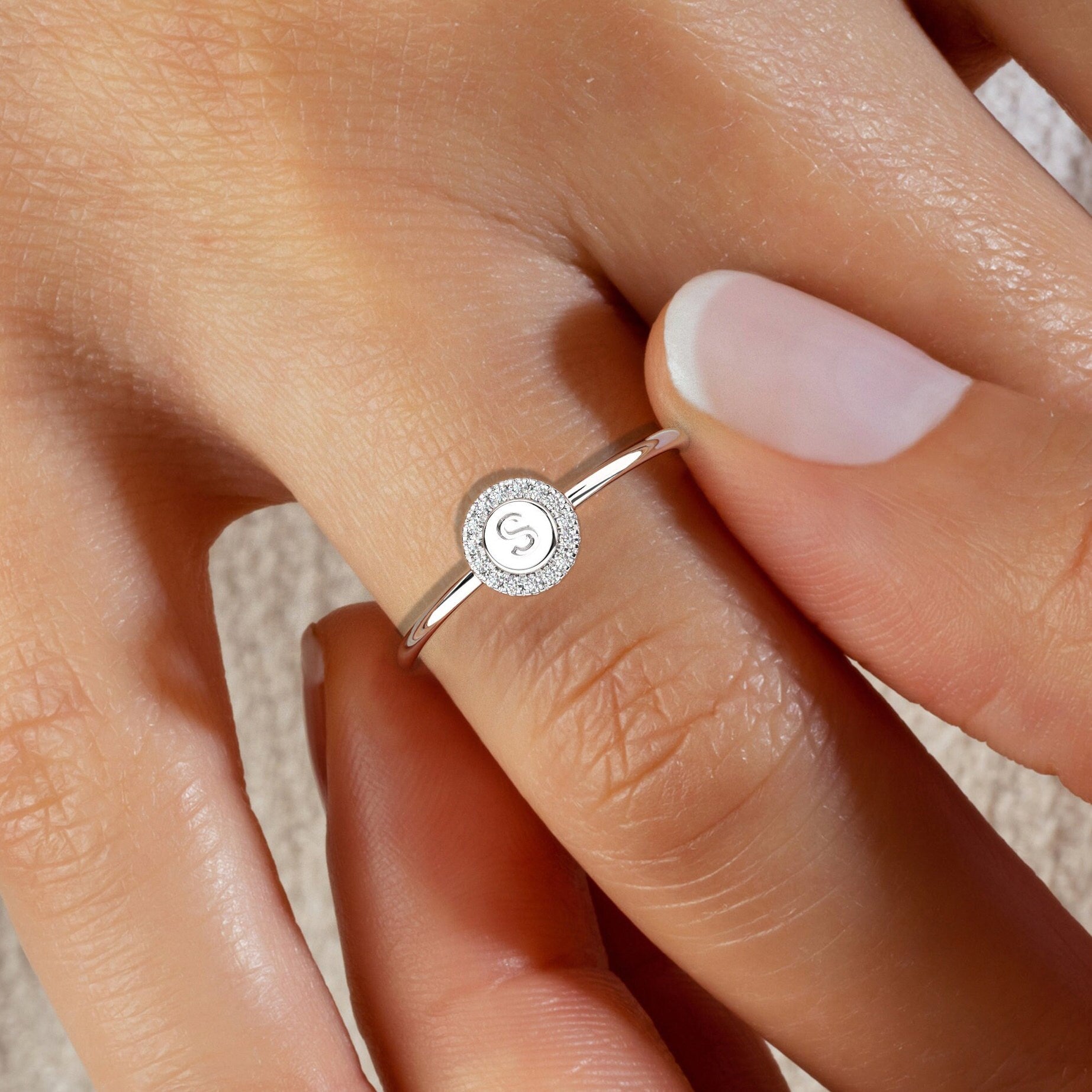 Diamond Initial Ring / 14k Gold Pave Diamond Disc Initial Ring / Diamond Stacking Ring / Initial Ring / Graduation Gift / Birthday Gift