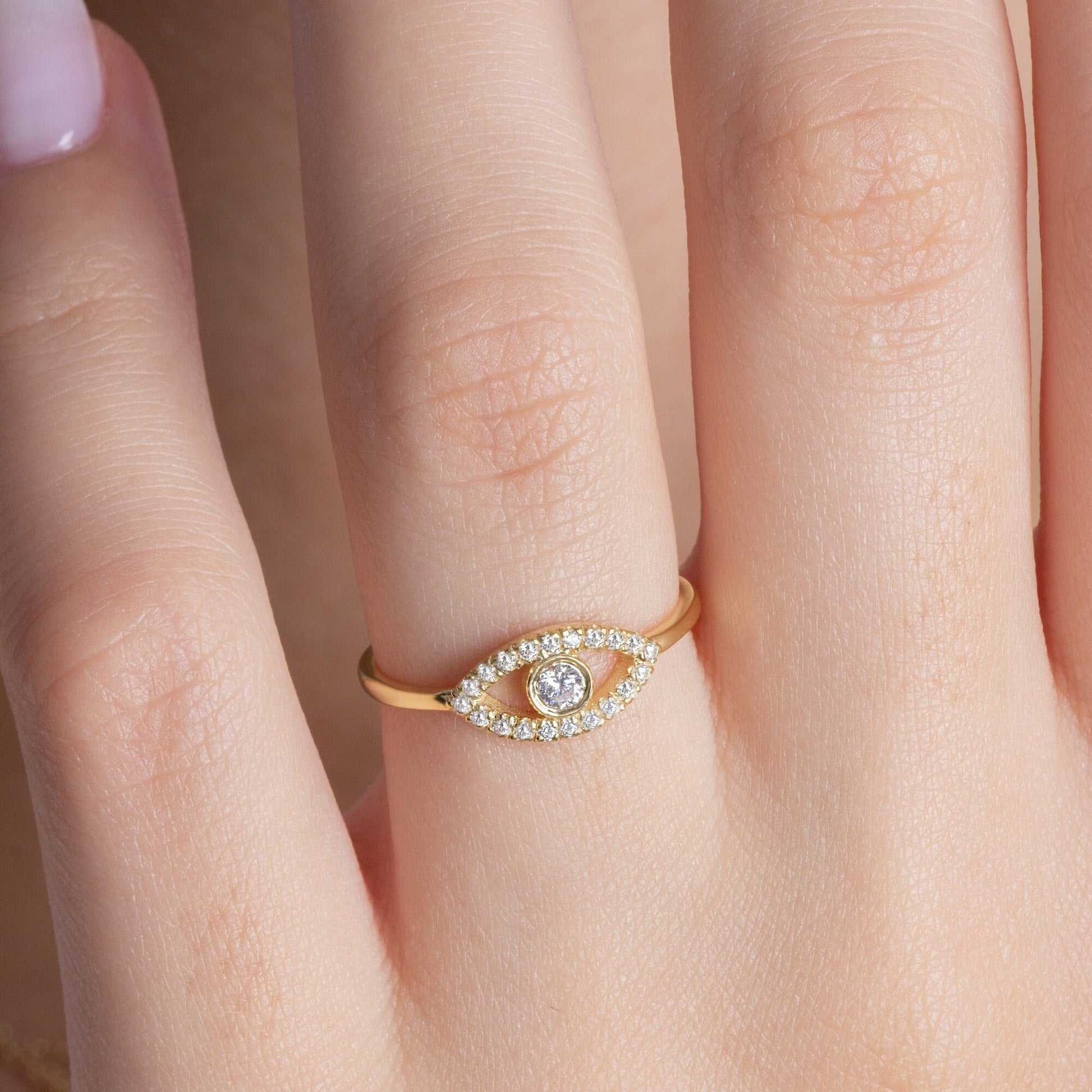 Diamond Evil Eye Ring / 14k Gold Diamond Evil Eye Ring / Diamond Birthstone Stacking Ring / Protection Gift / Evil Eye Gift Ideas