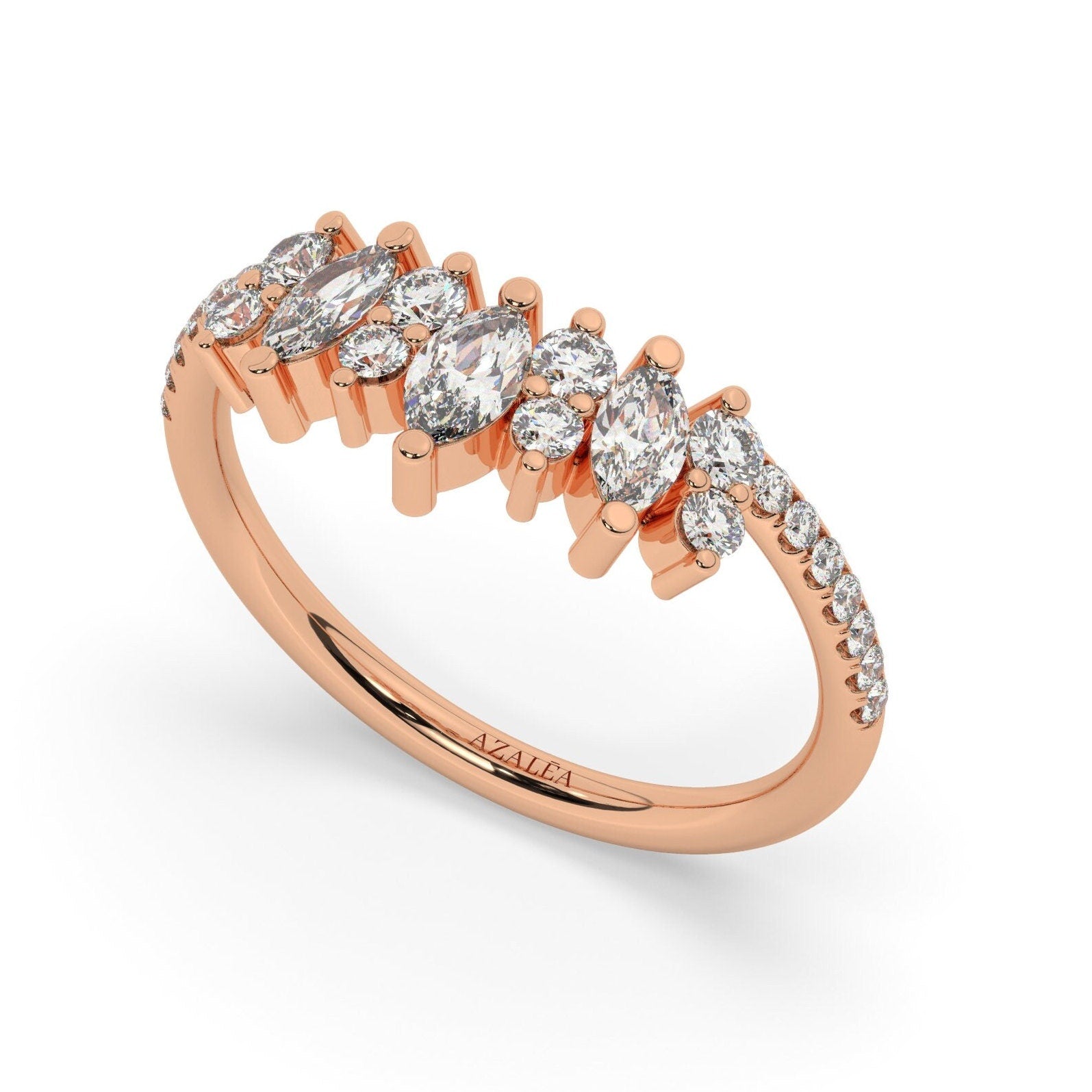Curved Diamond Wedding Band / 14k Marquise and Round Diamond Wedding Ring / Stacking Ring / Diamond Bridal Gift Ideas