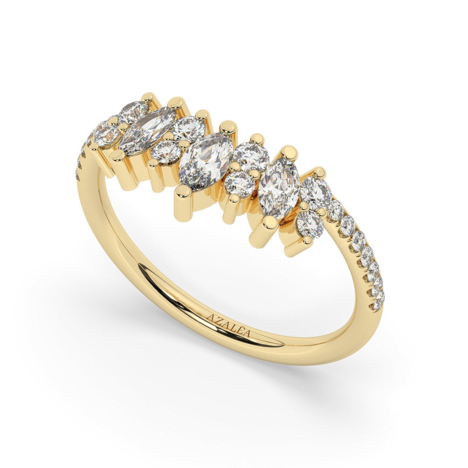 Curved Diamond Wedding Band / 14k Marquise and Round Diamond Wedding Ring / Stacking Ring / Diamond Bridal Gift Ideas