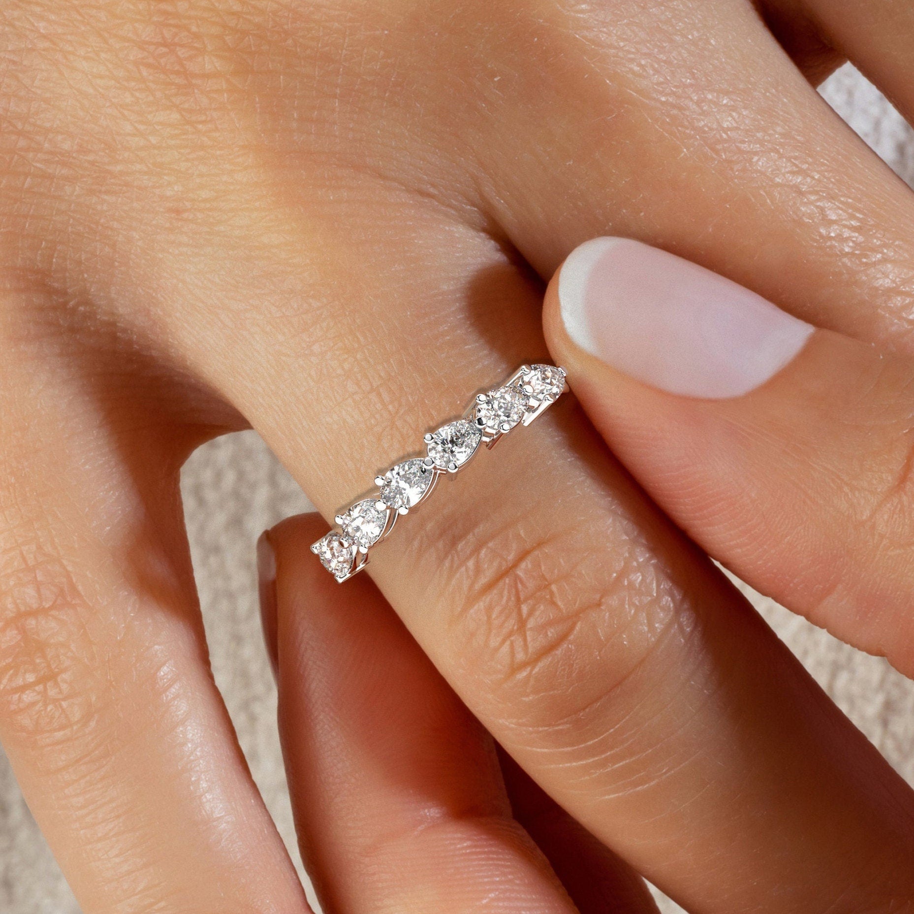 Pear Diamond Wedding Band / 14k Pear Diamond Wedding Band / Teardrop Engagement Ring / Prong Diamond Wedding Band / Diamond Gift Idea