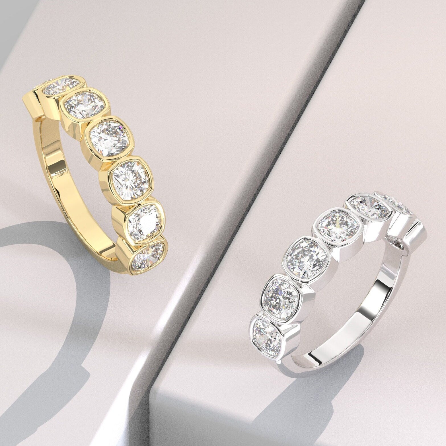 Cushion Cut Halfway Diamond Wedding Band / 14k Gold Bezel Set Wedding Ring / 2.5 CT Wedding Band / Anniversary Ring / Birthday Gift