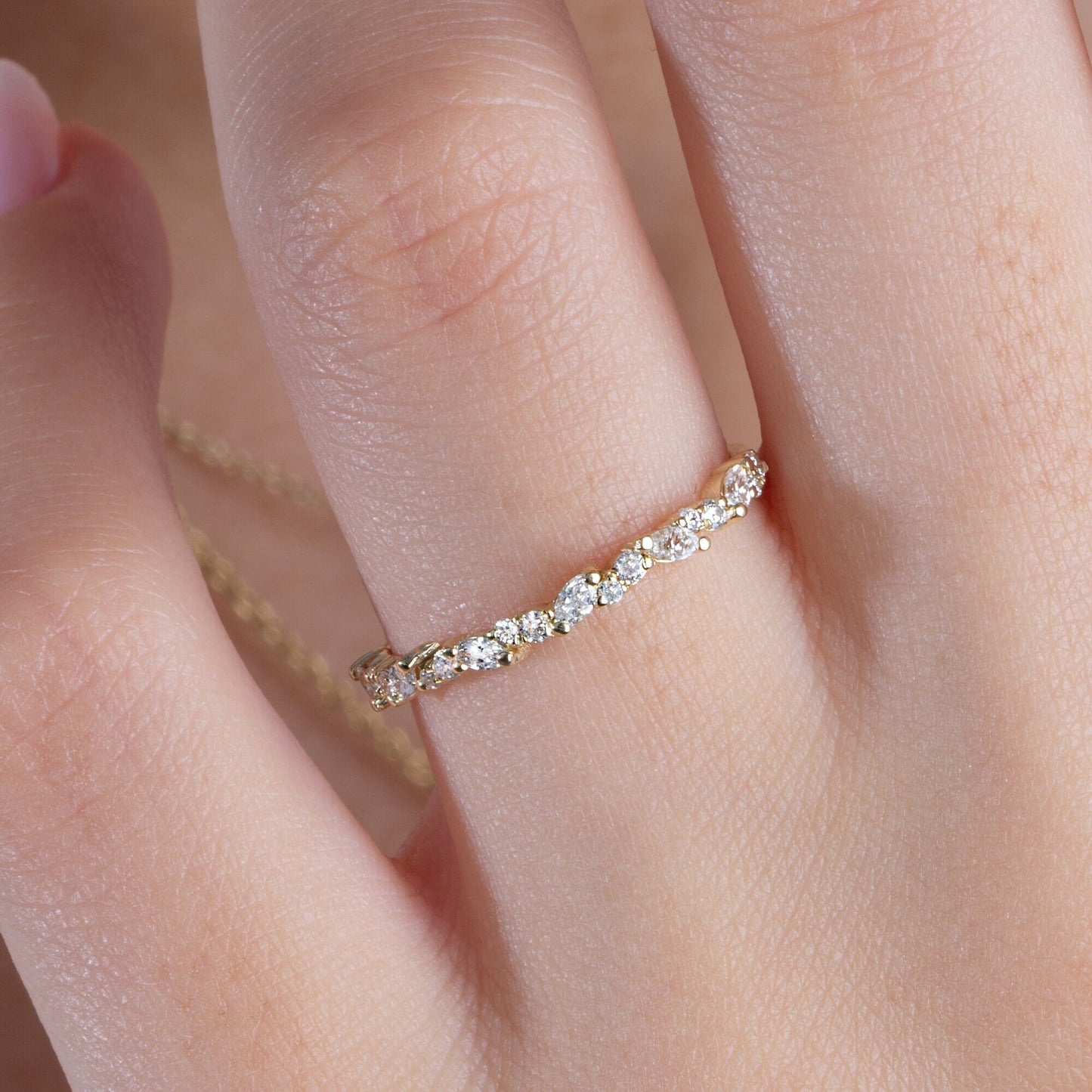 Diamond Wedding Band / 14k Marquise and Round Diamond Wedding Ring / Wedding Band / Stacking Ring / Diamond Bridal Gift Ideas
