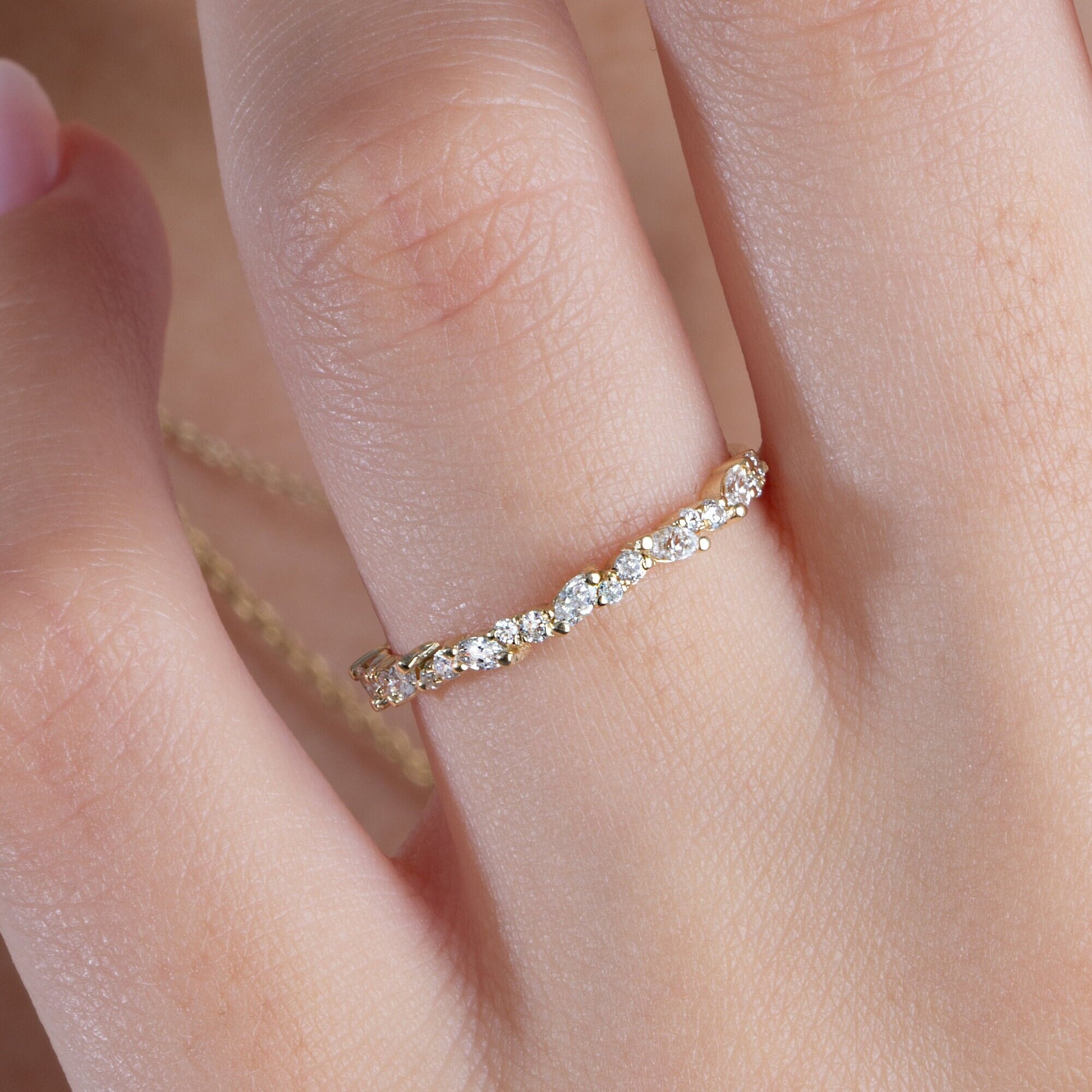 Diamond Wedding Band / 14k Marquise and Round Diamond Wedding Ring / Wedding Band / Stacking Ring / Diamond Bridal Gift Ideas