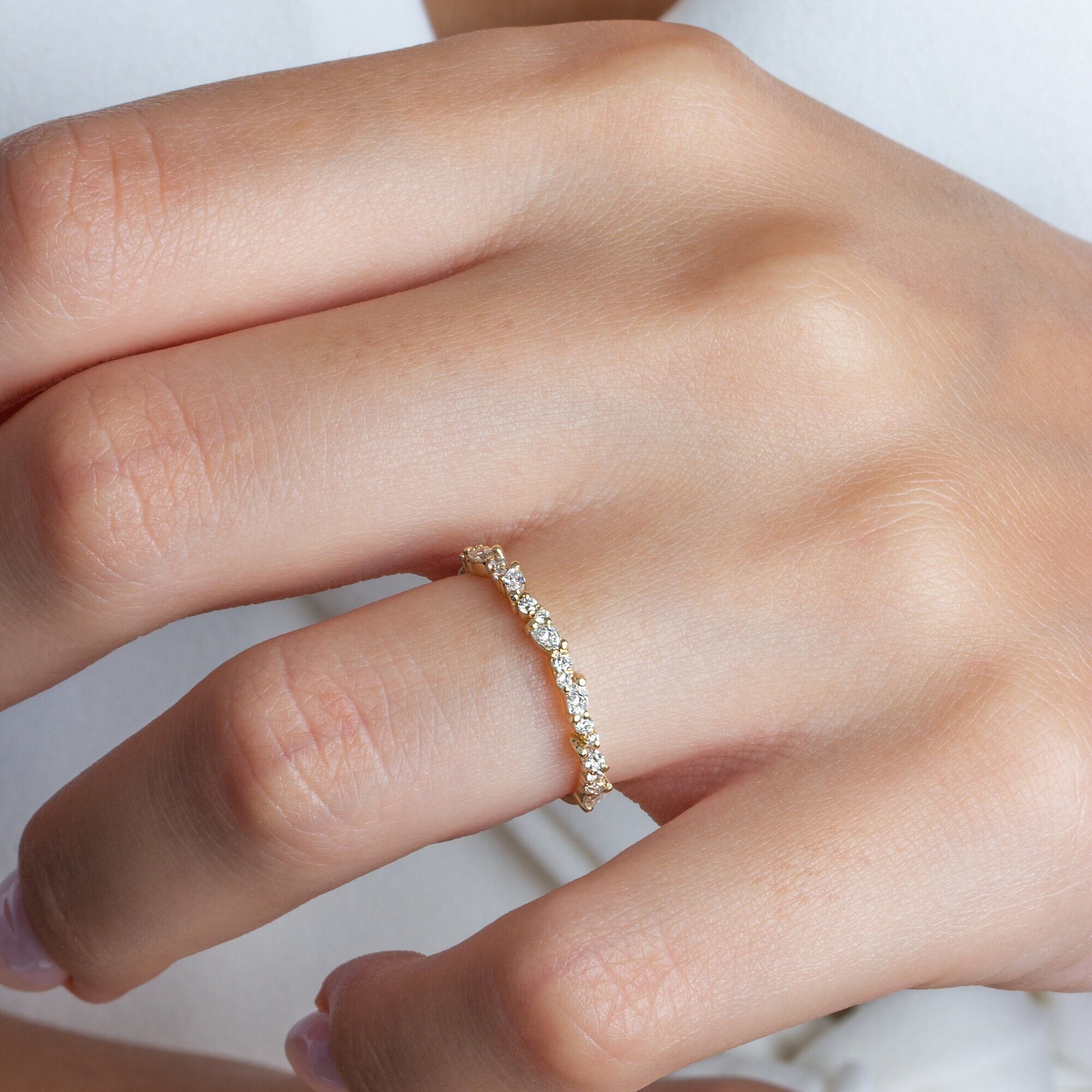 Diamond Wedding Band / 14k Marquise and Round Diamond Wedding Ring / Wedding Band / Stacking Ring / Diamond Bridal Gift Ideas