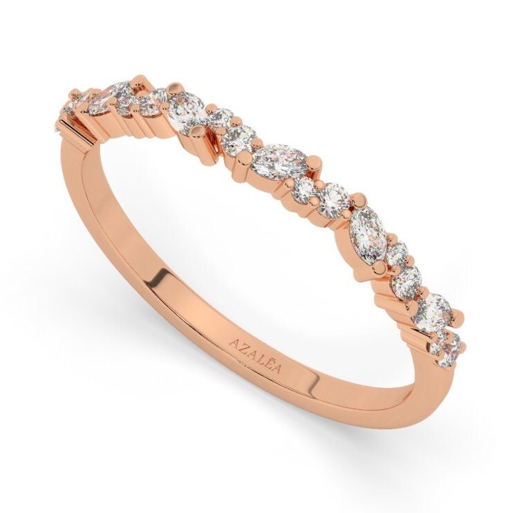 Diamond Wedding Band / 14k Marquise and Round Diamond Wedding Ring / Wedding Band / Stacking Ring / Diamond Bridal Gift Ideas