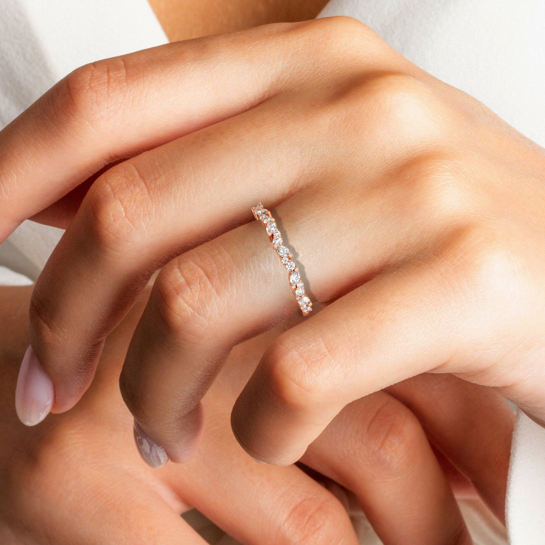 Diamond Wedding Band / 14k Marquise and Round Diamond Wedding Ring / Wedding Band / Stacking Ring / Diamond Bridal Gift Ideas