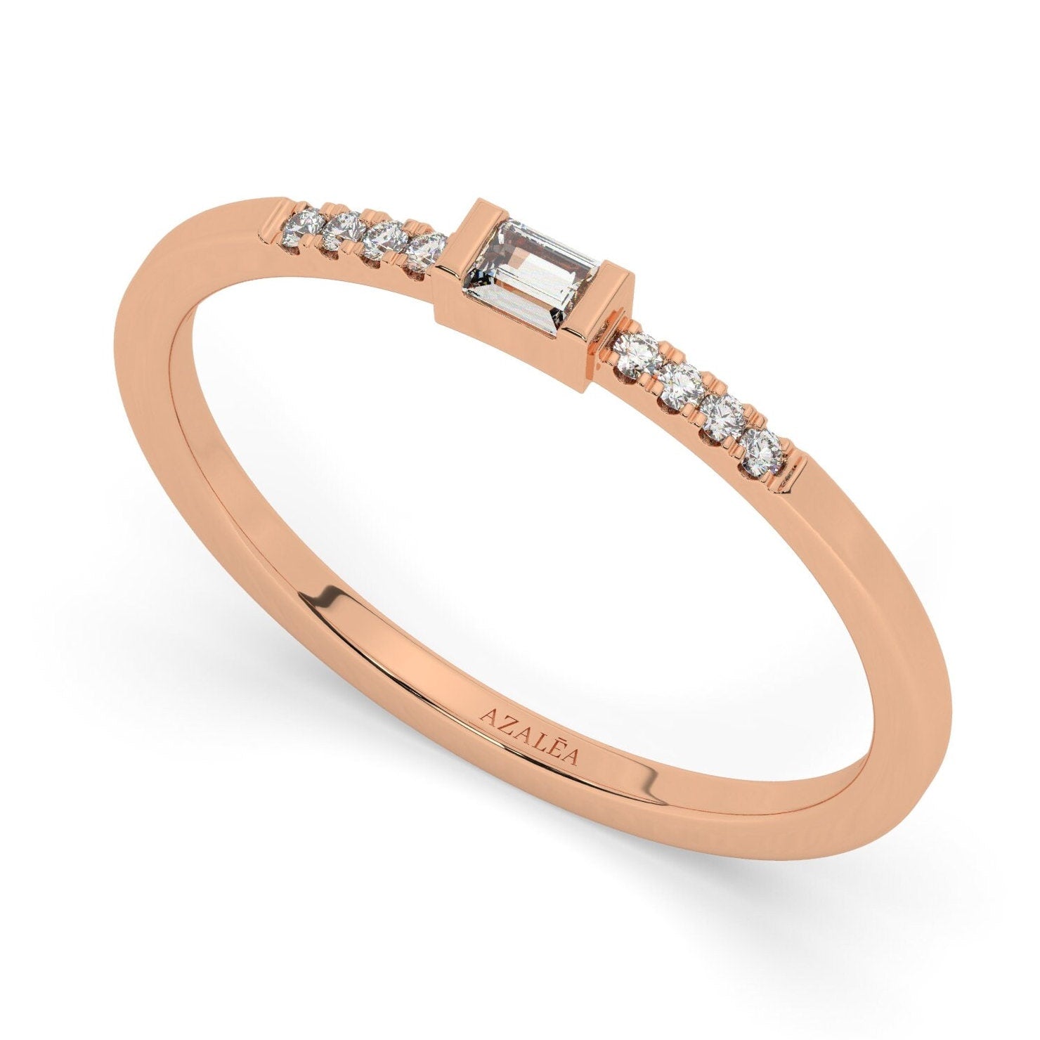 Baguette Diamond Stacking Ring / 14k Gold Baguette and Round Diamond Ring / Diamond Bridal Gift / Anniversary Gift / Diamond Gift Ideas