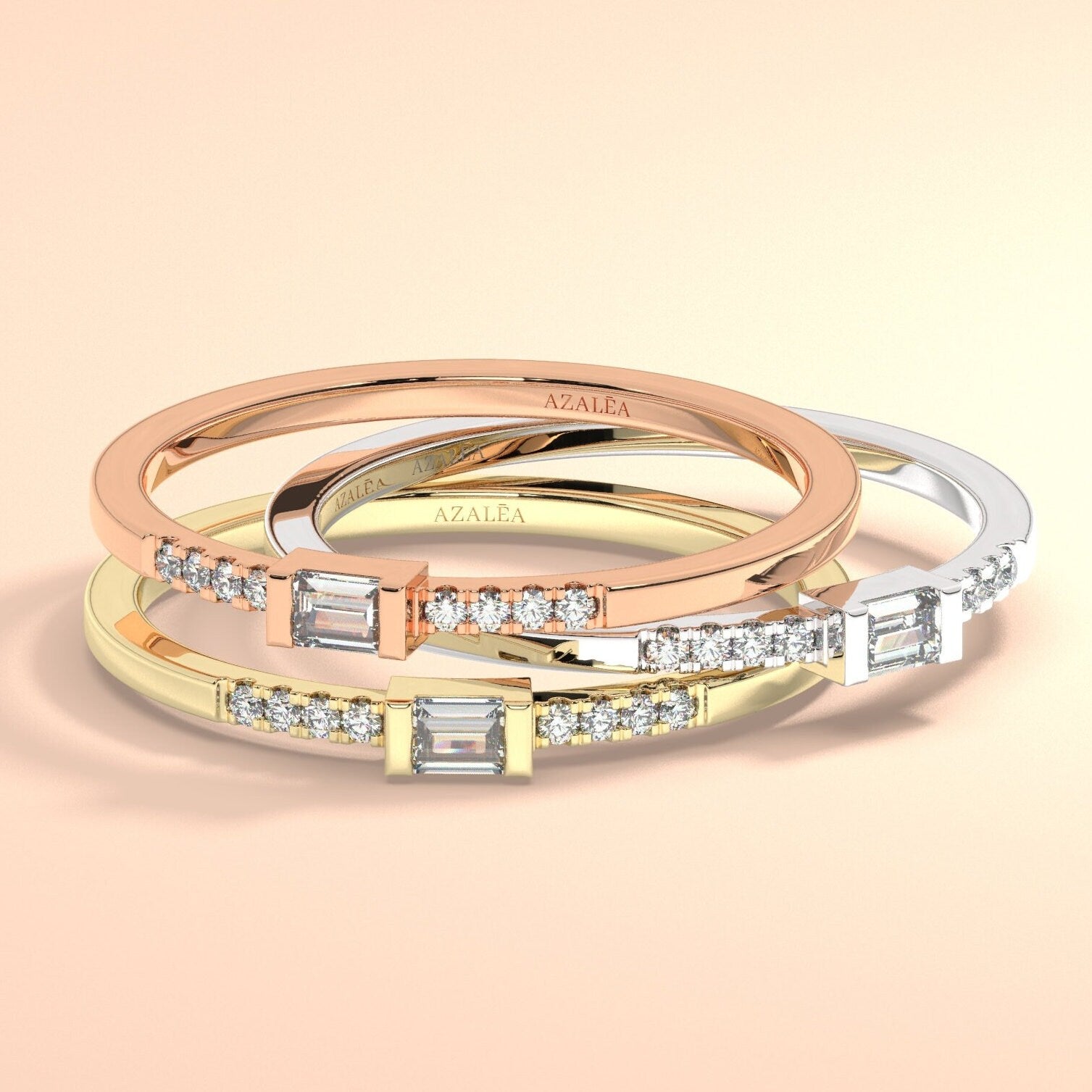 Baguette Diamond Stacking Ring / 14k Gold Baguette and Round Diamond Ring / Diamond Bridal Gift / Anniversary Gift / Diamond Gift Ideas