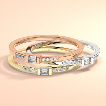 Baguette Diamond Stacking Ring / 14k Gold Baguette and Round Diamond Ring / Diamond Bridal Gift / Anniversary Gift / Diamond Gift Ideas
