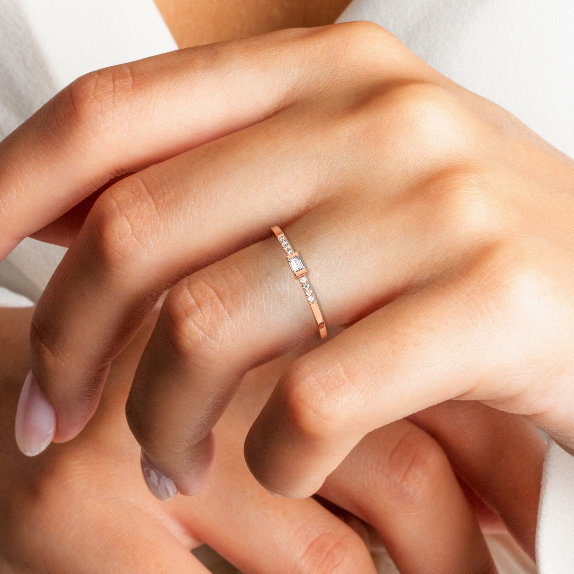 Baguette Diamond Stacking Ring / 14k Gold Baguette and Round Diamond Ring / Diamond Bridal Gift / Anniversary Gift / Diamond Gift Ideas