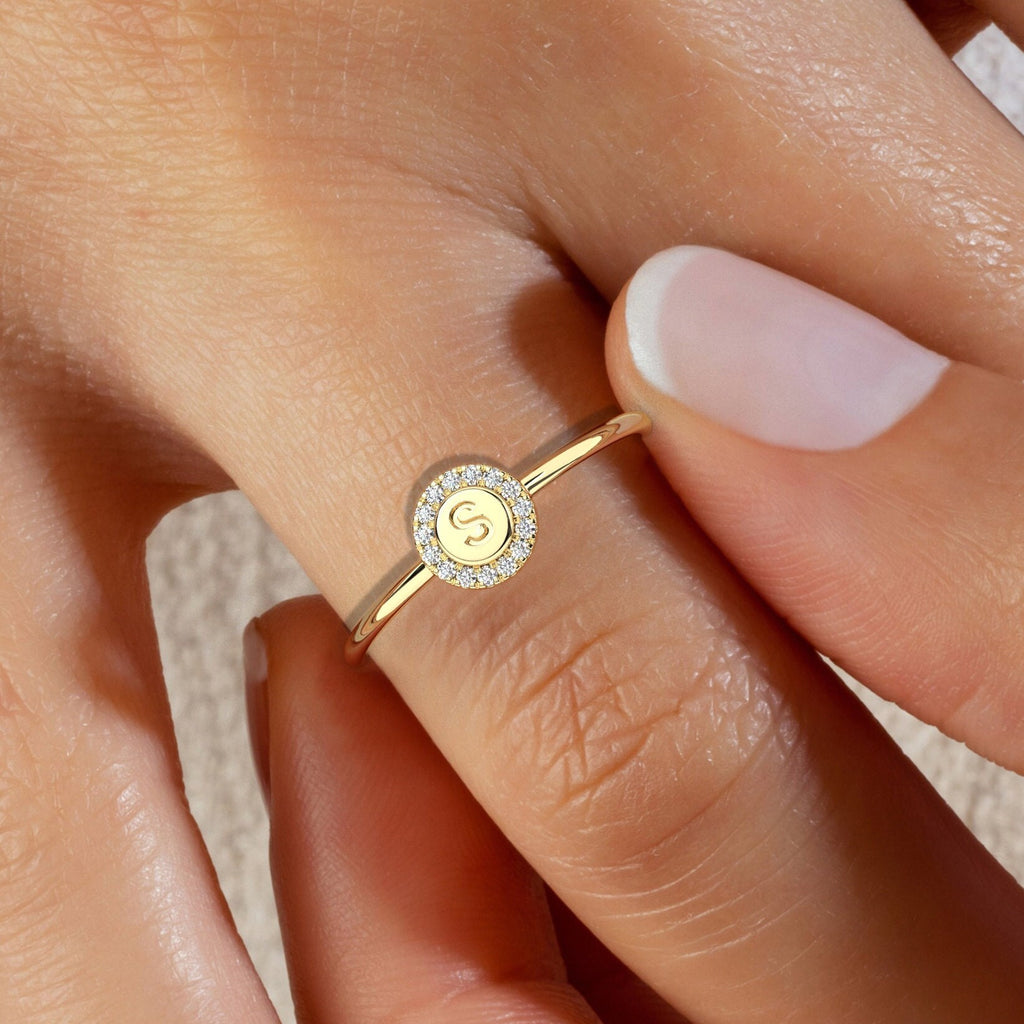 Diamond Initial Ring / 14k Gold Pave Diamond Disc Initial Ring / Diamond Stacking Ring / Initial Ring / Graduation Gift / Birthday Gift