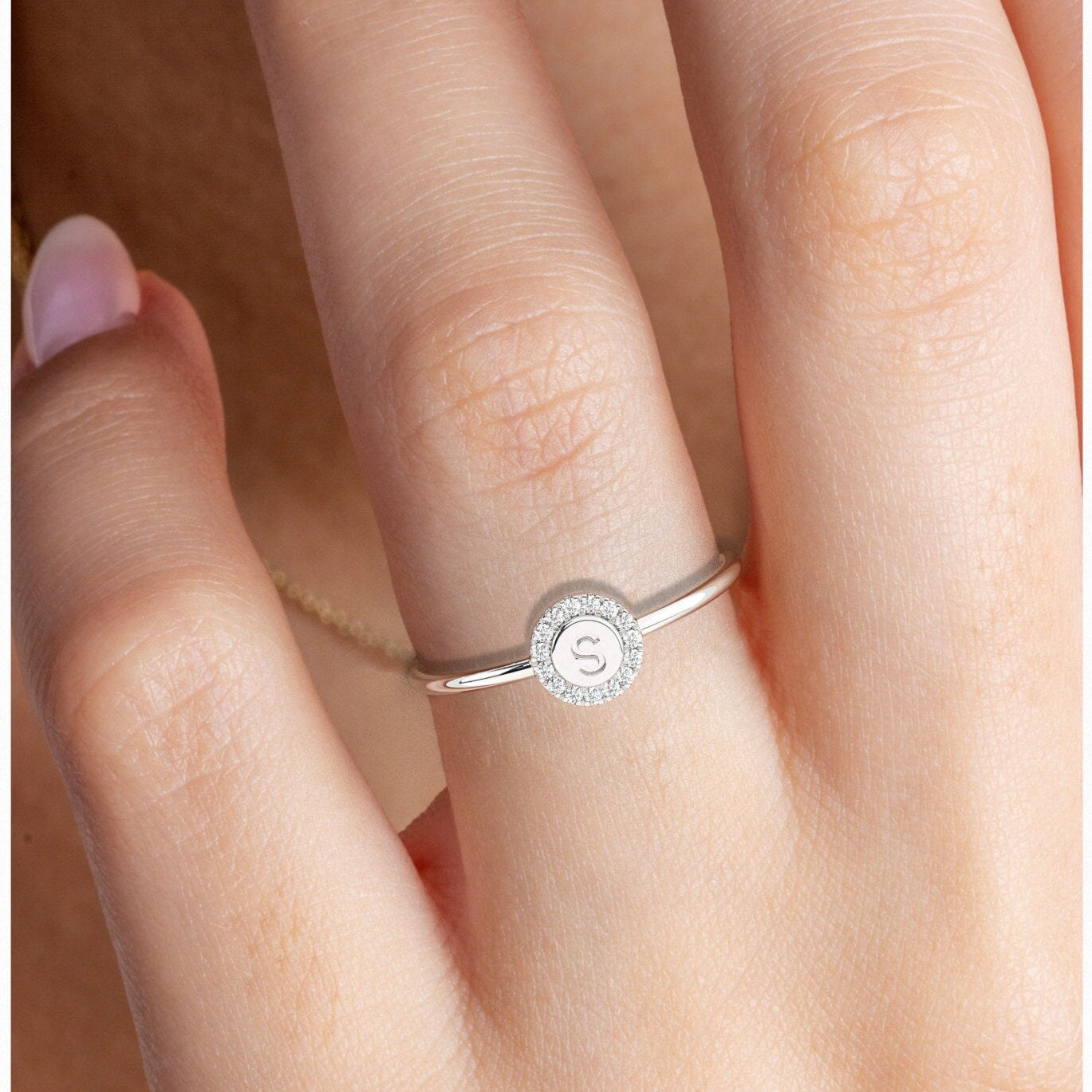 Diamond Initial Ring / 14k Gold Pave Diamond Disc Initial Ring / Diamond Stacking Ring / Initial Ring / Graduation Gift / Birthday Gift