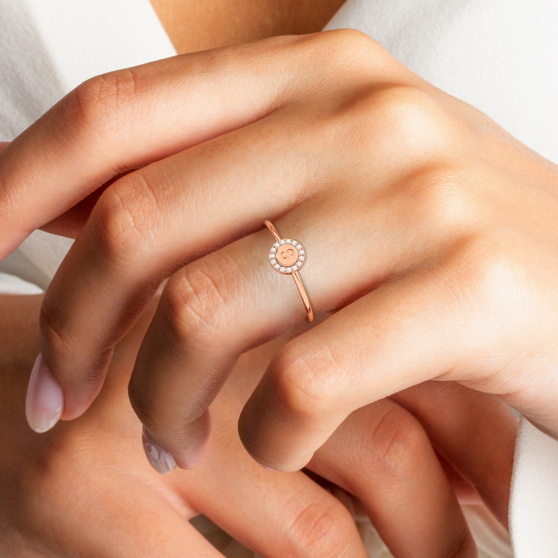 Diamond Initial Ring / 14k Gold Pave Diamond Disc Initial Ring / Diamond Stacking Ring / Initial Ring / Graduation Gift / Birthday Gift