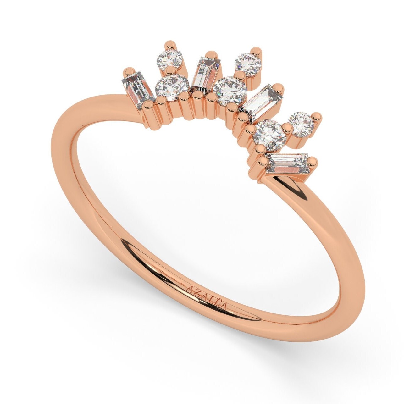 Curved Diamond Wedding Band / 14k Gold Baguette and Round Diamond Stacking Ring / Crown Shape Stacking Ring / Diamond Anniversary Gift Idea