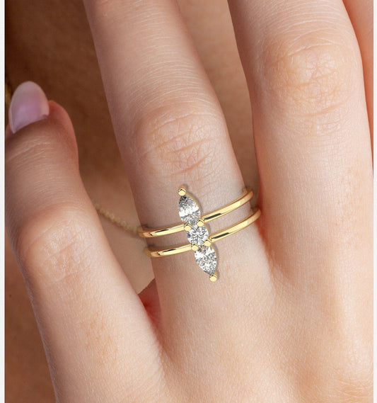 Diamond Stacking Ring / 14k Gold Pear Diamond Stacking / Double Band Diamond Stacking Ring / Engagement Ring / Wedding Ring