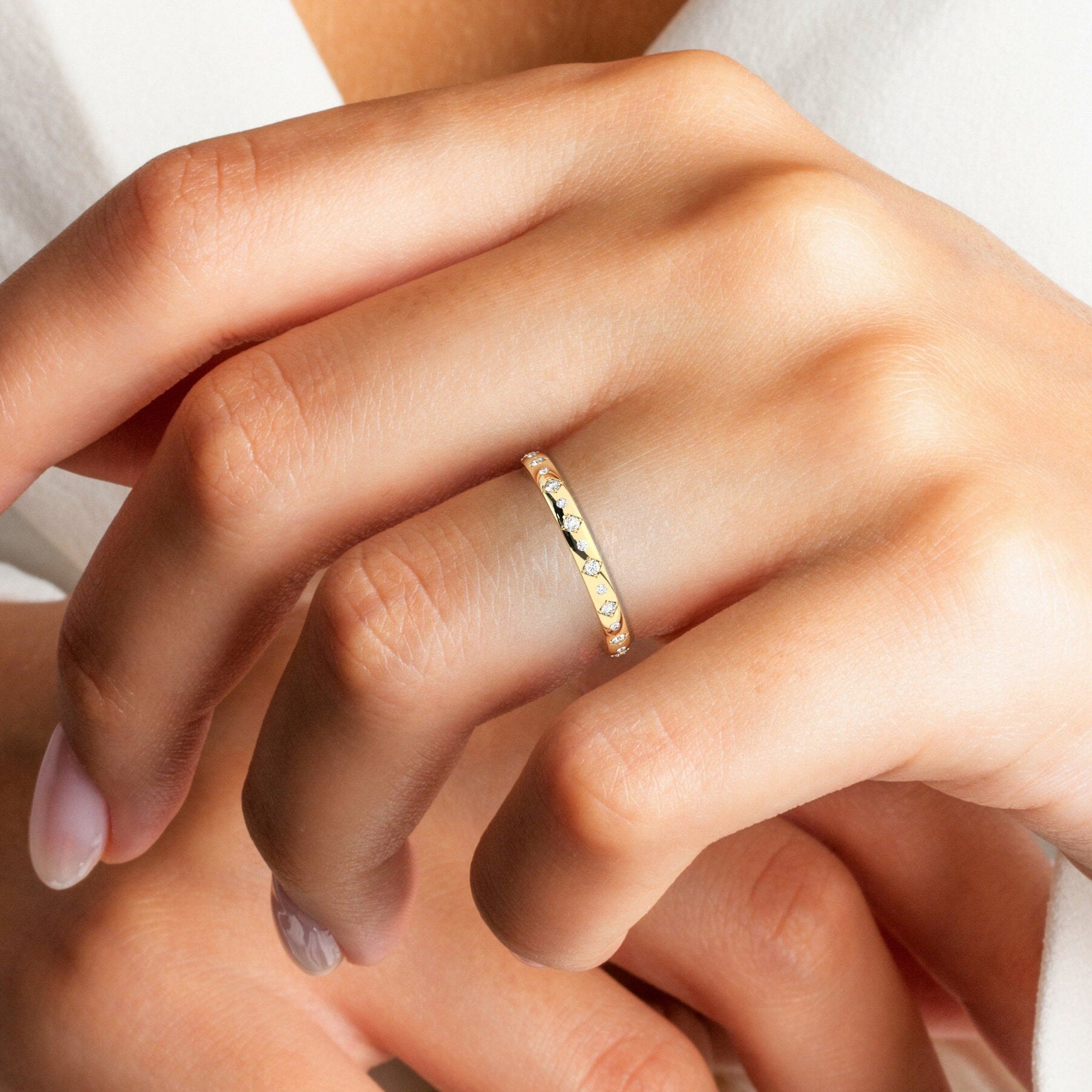 Diamond Eternity Wedding Band / 14k Gold Engraved Diamond Stacking Ring / Engraved Round Diamond Stackable Ring / Anniversary Gift Ideas