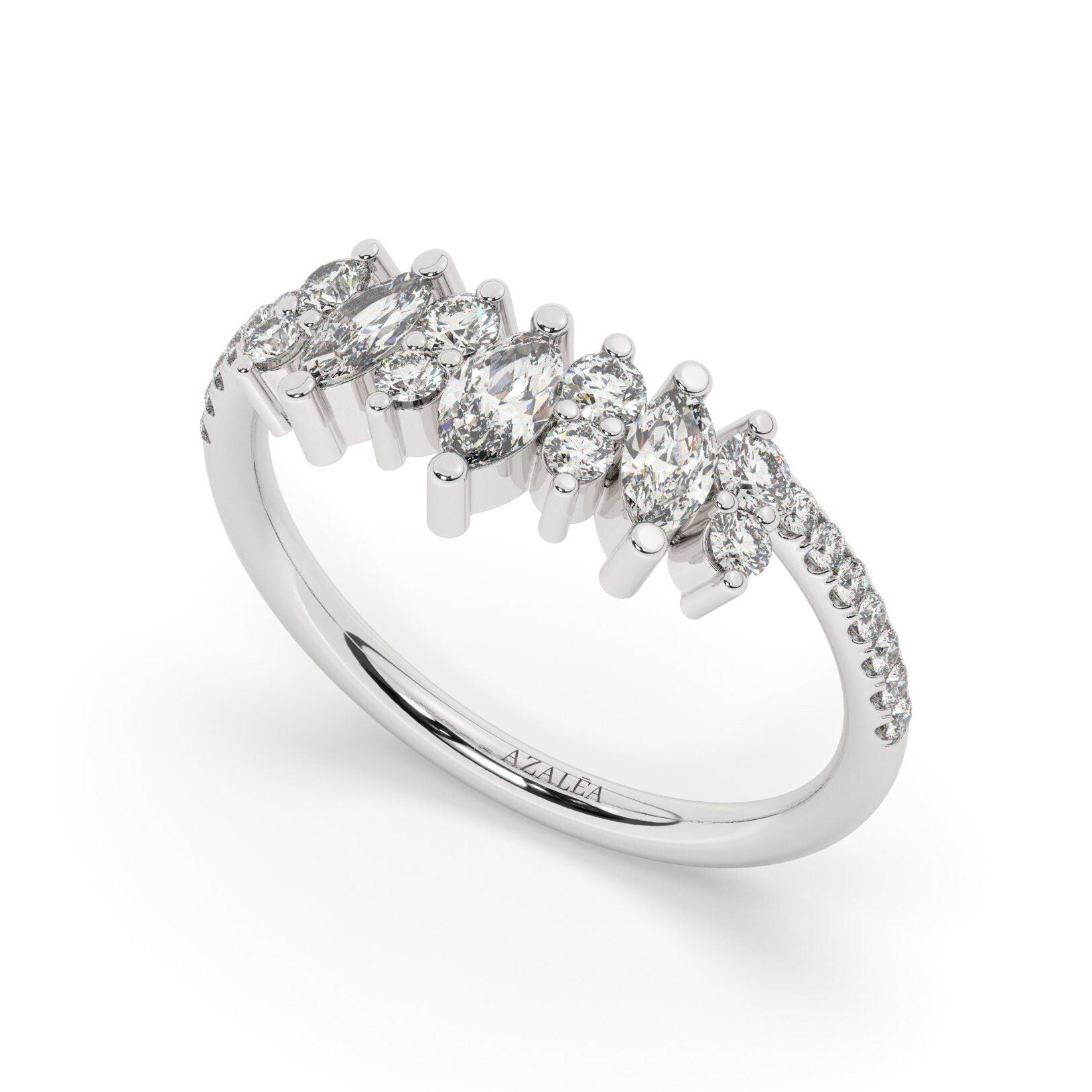 Curved Diamond Wedding Band / 14k Marquise and Round Diamond Wedding Ring / Stacking Ring / Diamond Bridal Gift Ideas
