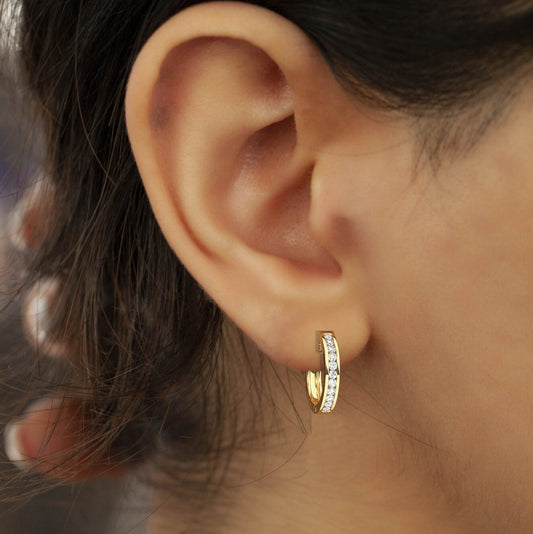 Diamond Hoop Earrings / 14k Diamond Channel Set Hoops /Diamond Huggie Earrings/ Gift