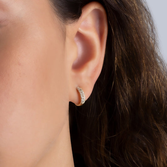 14k Gold Baguette Double Row Diamond Small Hoop Huggie Earrings/ Anniversary Birthday Bridal Wedding Gift for her/ Classic dainty earrings