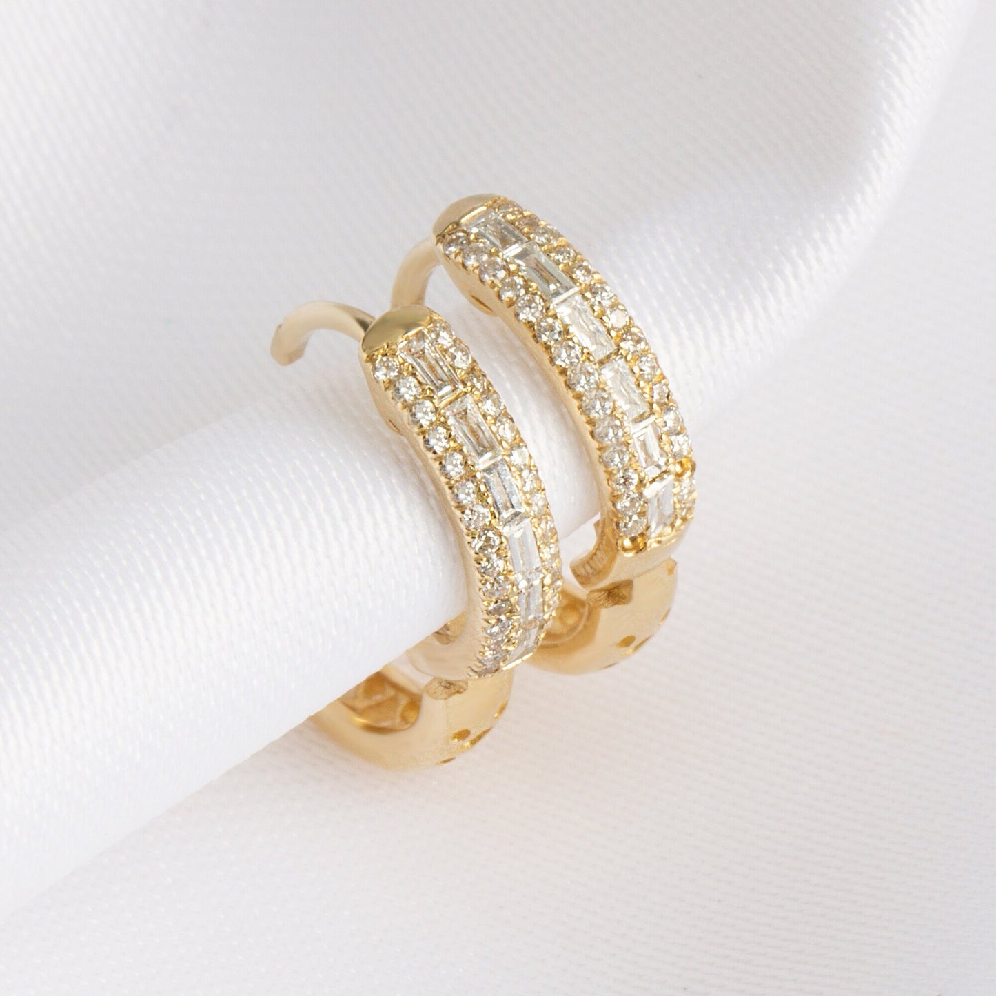 14k Gold Baguette Double Row Diamond Small Hoop Huggie Earrings/ Anniversary Birthday Bridal Wedding Gift for her/ Classic dainty earrings