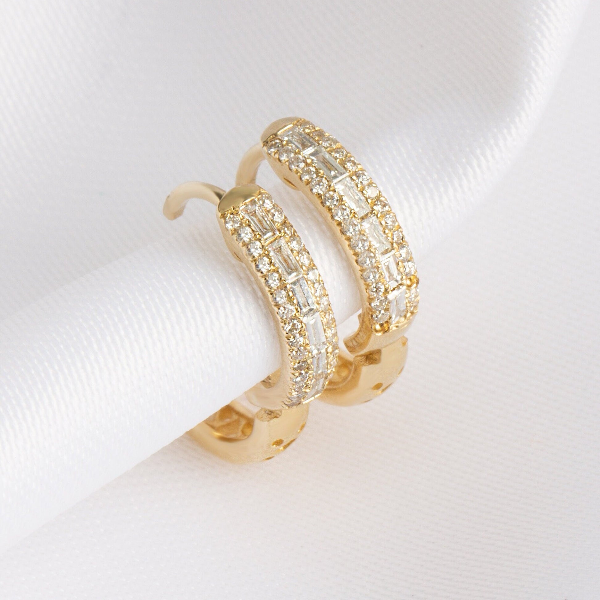 14k Gold Baguette Double Row Diamond Small Hoop Huggie Earrings/ Anniversary Birthday Bridal Wedding Gift for her/ Classic dainty earrings